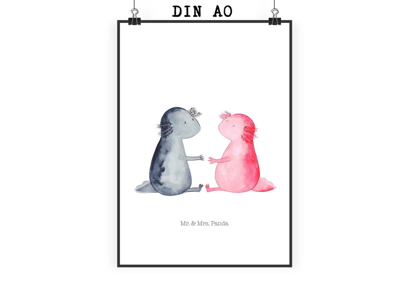 Mr. & Mrs. Panda Poster Axolotl Liebe, Kunstdruck, Handgemaltes Poster, Wanddeko Bild, Axolotl Liebe (1 St), Herzliche Sprüche, liebevolles Bild von Mr. & Mrs. Panda