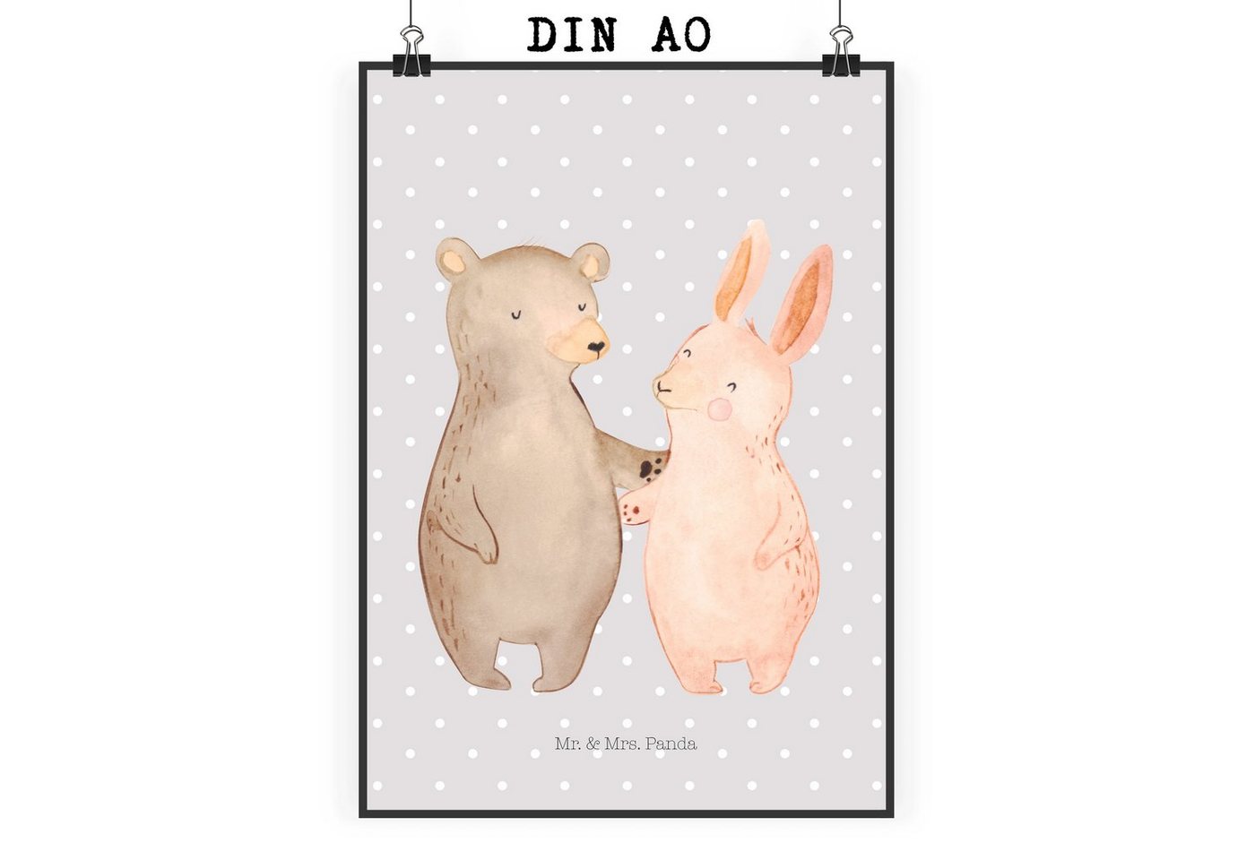 Mr. & Mrs. Panda Poster DIN A0 Bär und Hase Umarmen - Grau Pastell - Geschenk, bester Freund, Bär Hase Umarmen (1 St), Herzliche Sprüche, liebevolles Bild von Mr. & Mrs. Panda