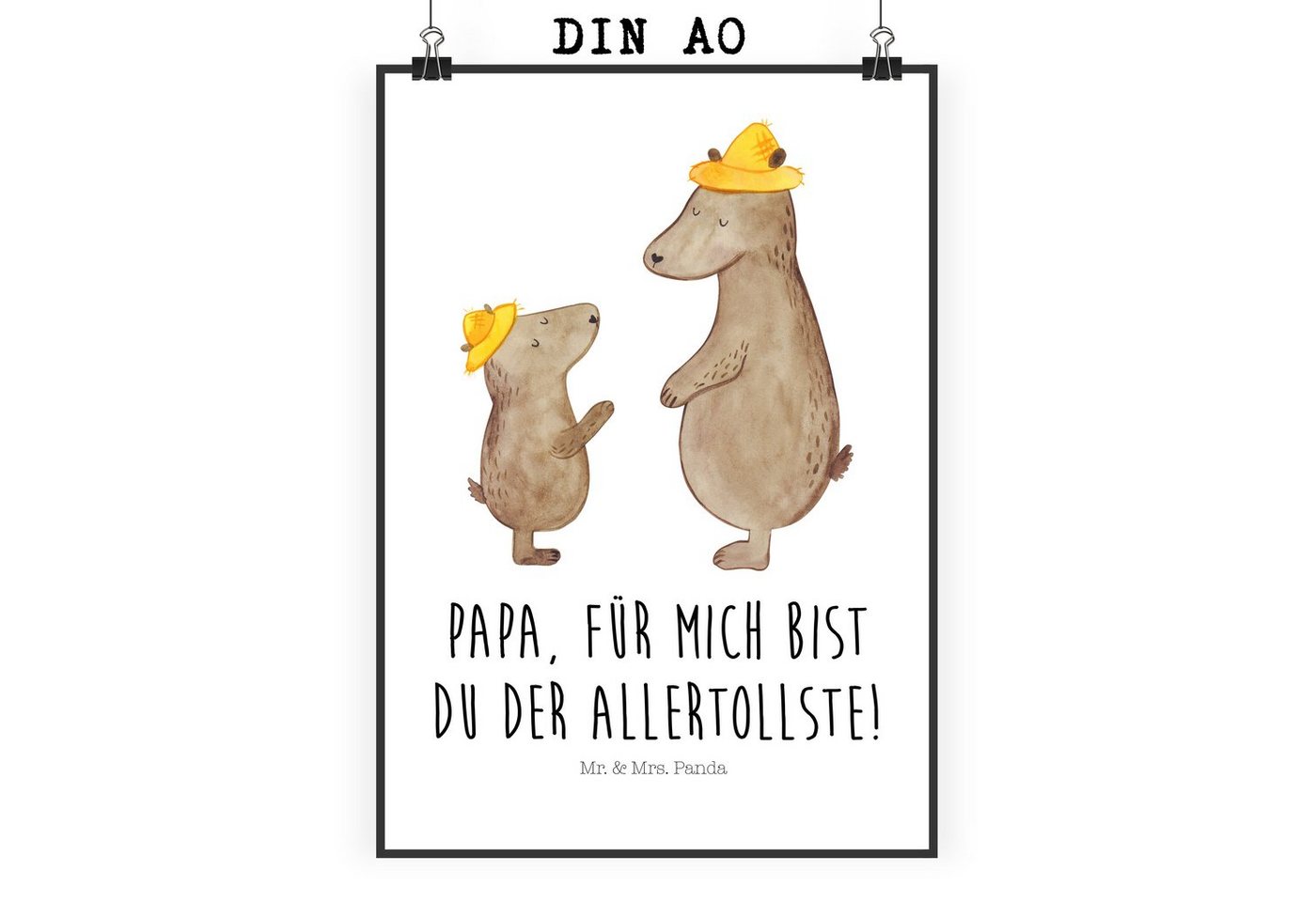 Mr. & Mrs. Panda Poster DIN A0 Bären mit Hut - Weiß - Geschenk, Mama, Vater Sohn, Kunstdruck, Bären mit Hut (1 St), Herzliche Sprüche, liebevolles Bild von Mr. & Mrs. Panda