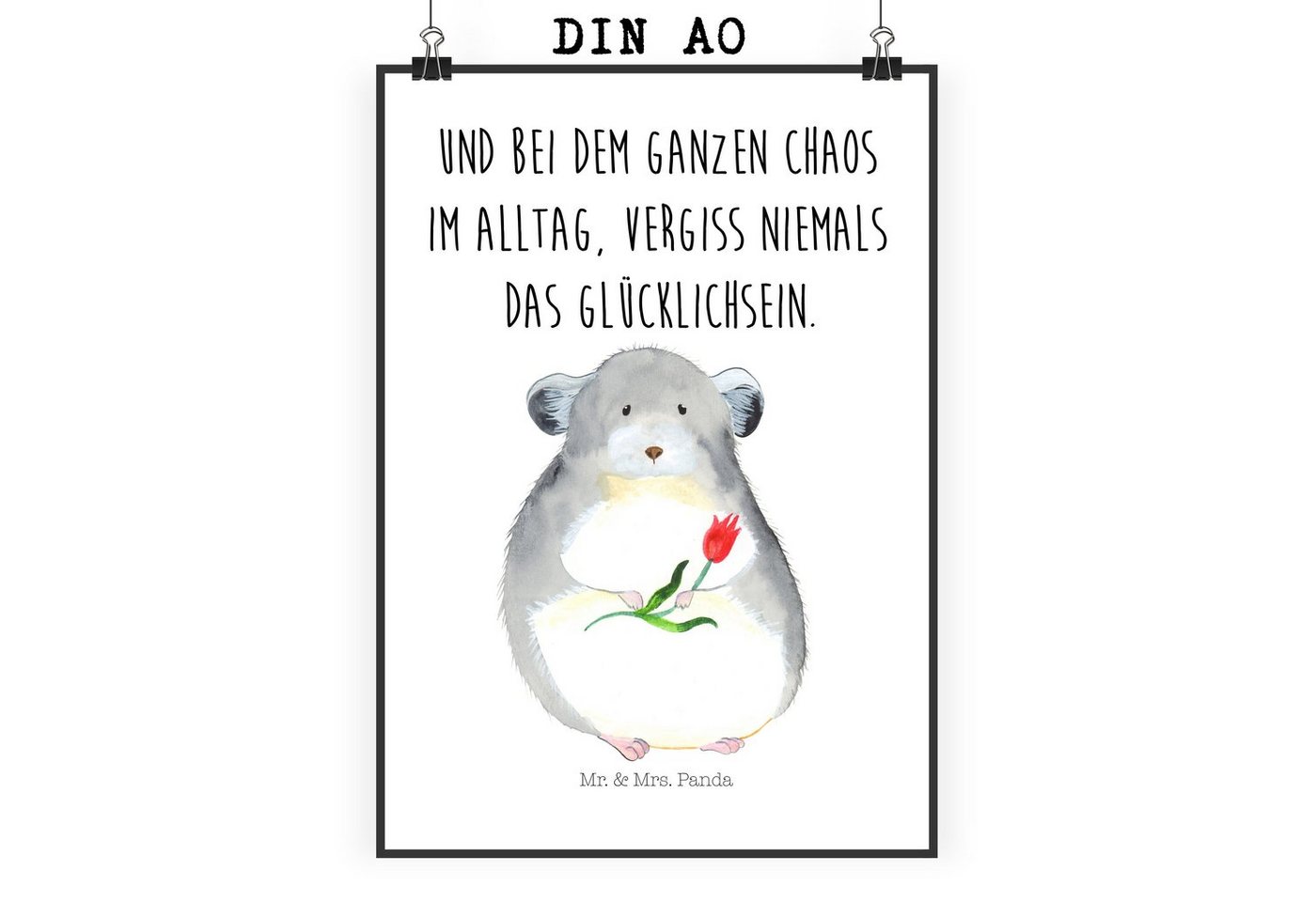 Mr. & Mrs. Panda Poster DIN A0 Chinchilla Blume - Weiß - Geschenk, Kunstdruck, traurig sein, Chinchilla mit Blume (1 St), Einzigartige Designs von Mr. & Mrs. Panda