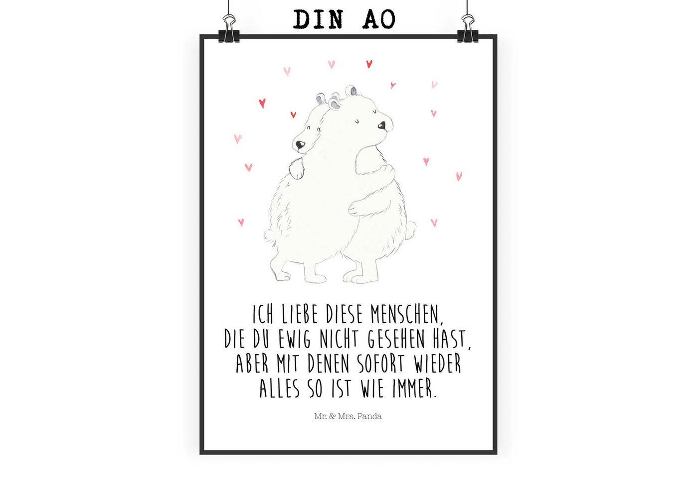 Mr. & Mrs. Panda Poster DIN A0 Eisbär Umarmen - Weiß - Geschenk, Kunstdruck, Tiere, Handgemal, Eisbär Umarmen (1 St), Einzigartige Designs von Mr. & Mrs. Panda