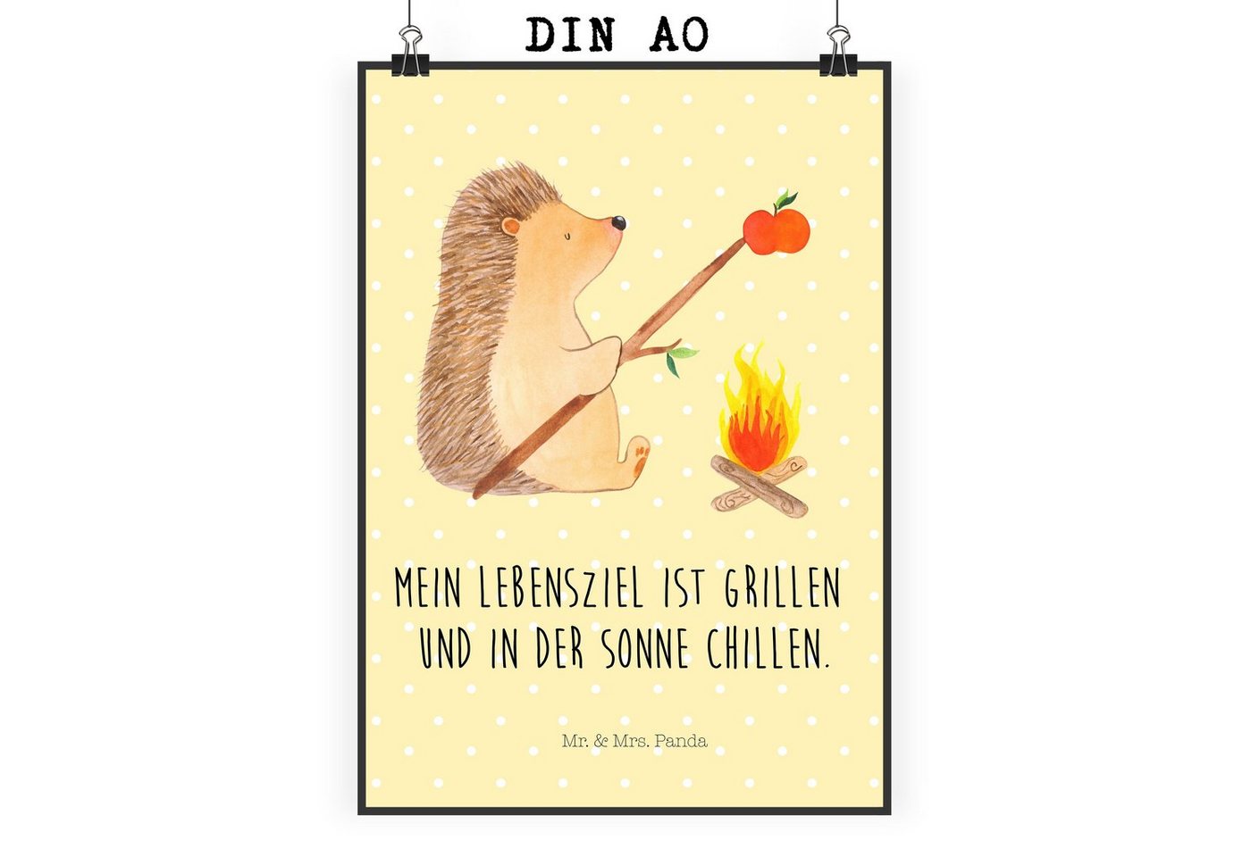 Mr. & Mrs. Panda Poster DIN A0 Igel Grillen - Gelb Pastell - Geschenk, Kunstdruck, arbeitslos, Igel grillt (1 St), Elegant & Gemütlich von Mr. & Mrs. Panda