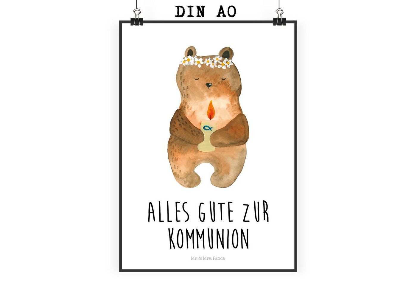 Mr. & Mrs. Panda Poster DIN A0 Bär Kommunion - Weiß - Geschenk, Designposter, Kunstdruck, kat, Kommunion-Bär (1 St), Einzigartige Designs von Mr. & Mrs. Panda