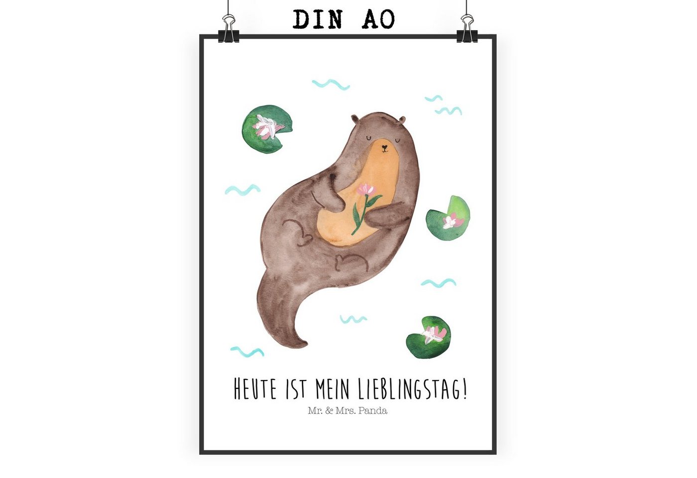 Mr. & Mrs. Panda Poster DIN A0 Otter Seerose - Weiß - Geschenk, Kunstdruck, Fluss, Seeotter, Otter mit Seerose (1 St), Moderne Kunst, kreative Motive von Mr. & Mrs. Panda