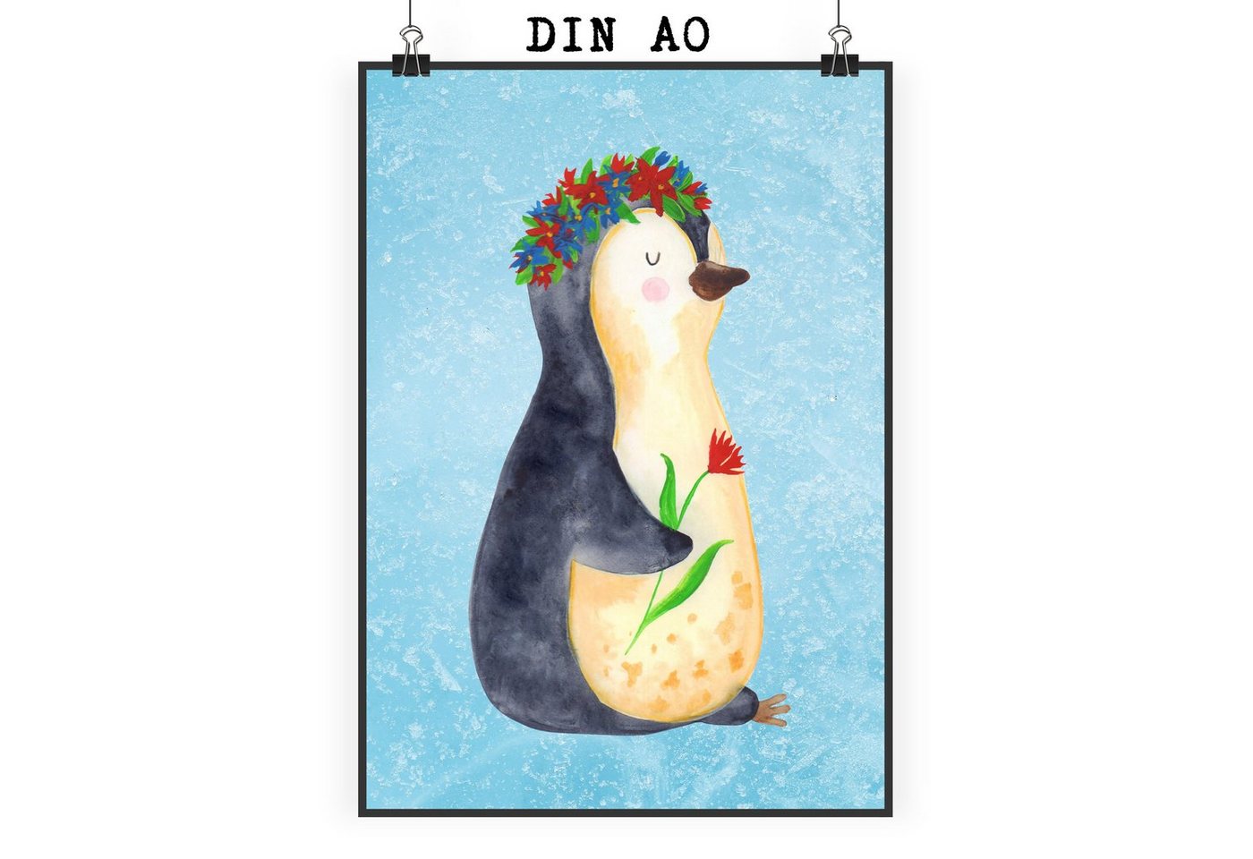 Mr. & Mrs. Panda Poster DIN A0 Pinguin Blumen - Eisblau - Geschenk, Designposter, Lebensziele, Pinguin Blumenkranz (1 St), Einzigartige Designs von Mr. & Mrs. Panda