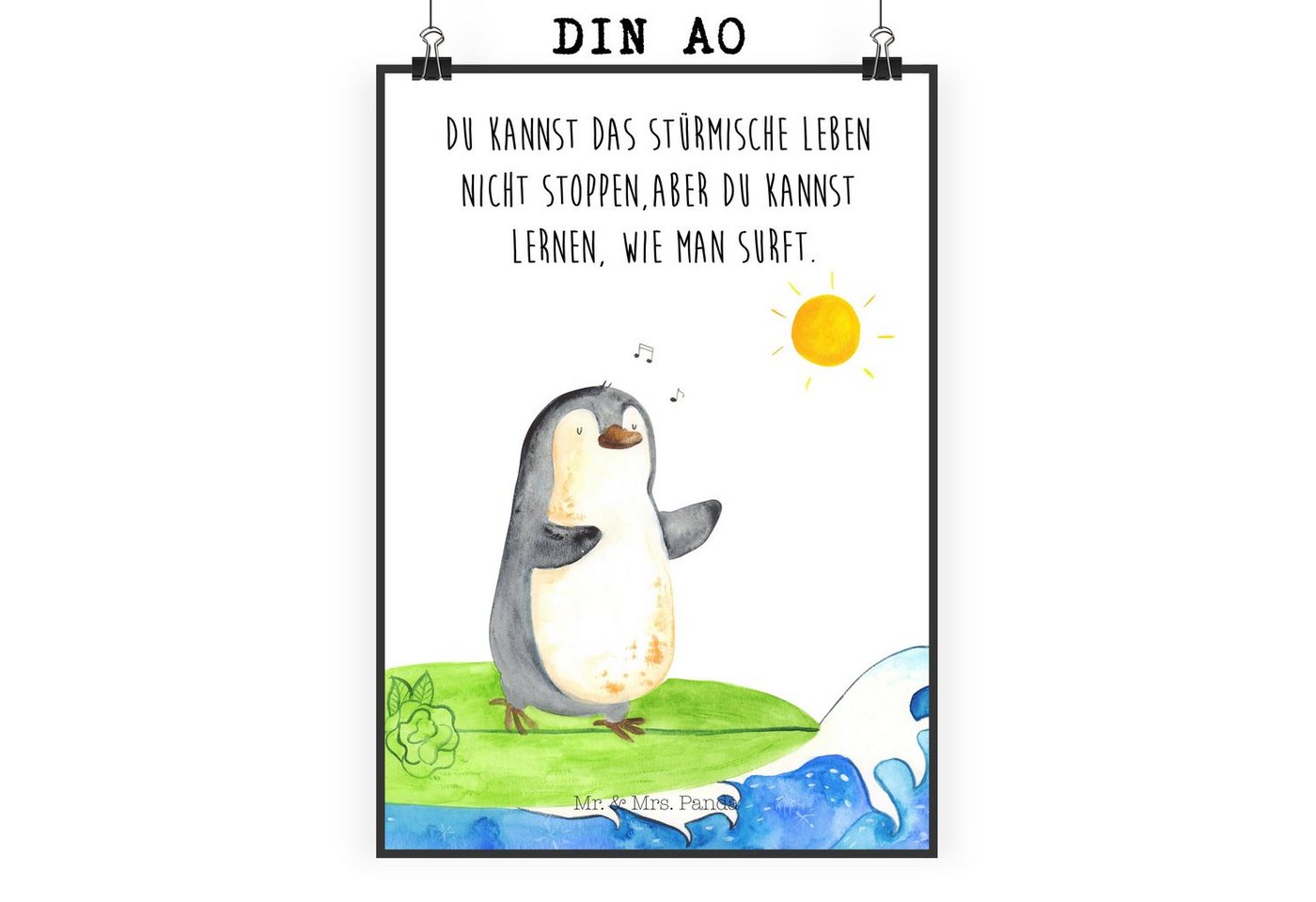 Mr. & Mrs. Panda Poster DIN A0 Pinguin Surfer - Weiß - Geschenk, Kunstdruck, surfen, Designpo, Pinguin Surfer (1 St), Elegant & Gemütlich von Mr. & Mrs. Panda