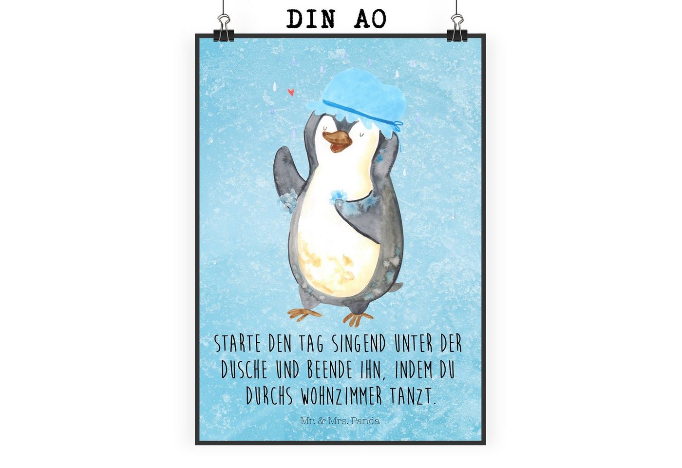Mr. & Mrs. Panda Poster DIN A0 Pinguin Duschen - Eisblau - Geschenk, Wanddeko, Neustart, Mr., Pinguin duscht (1 St), Moderne Kunst, kreative Motive von Mr. & Mrs. Panda