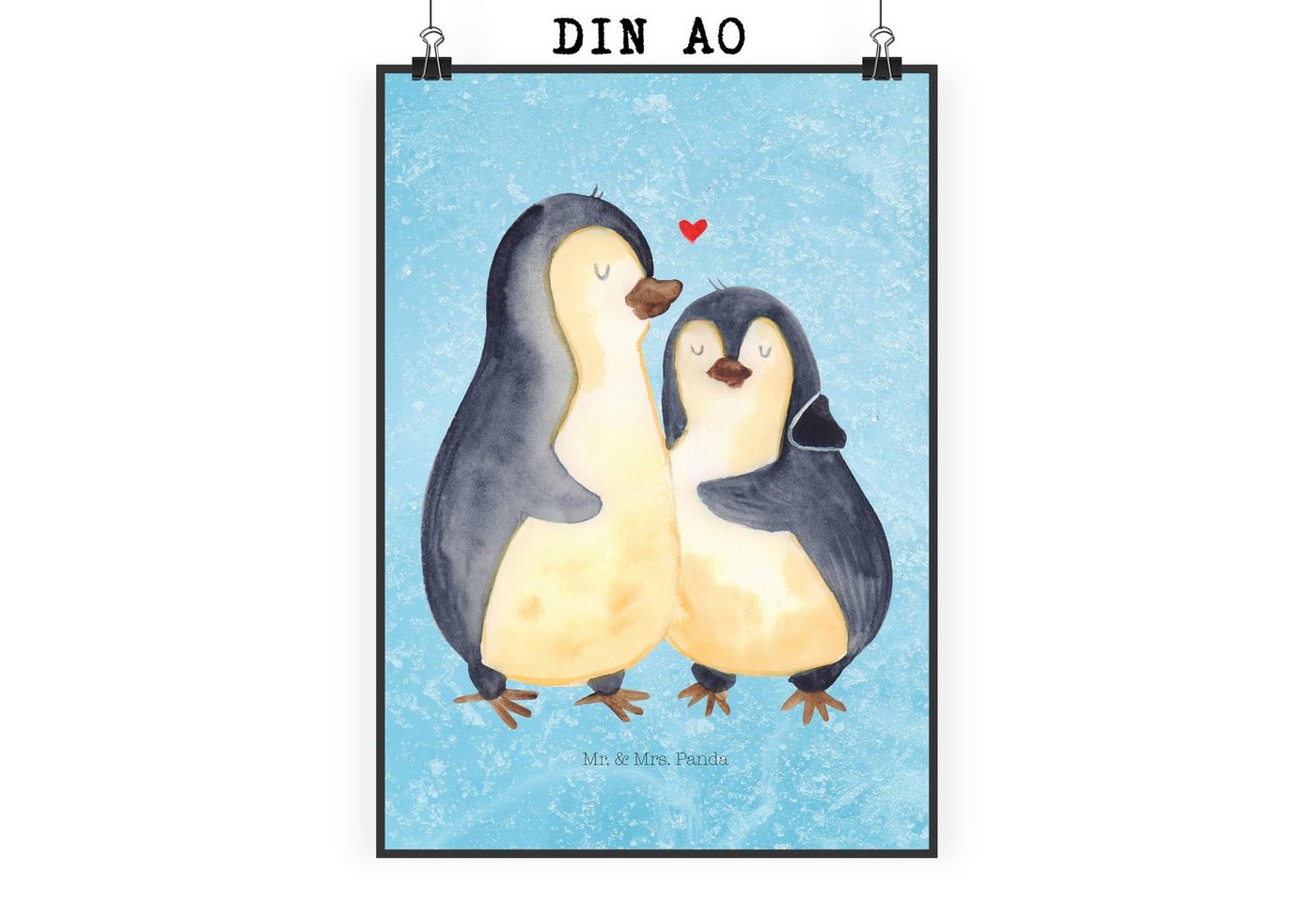 Mr. & Mrs. Panda Poster DIN A0 Pinguin umarmen - Eisblau - Geschenk, Mr. & Mrs. Panda Poster, Pinguin umarmend (1 St), Herzliche Sprüche, liebevolles Bild von Mr. & Mrs. Panda