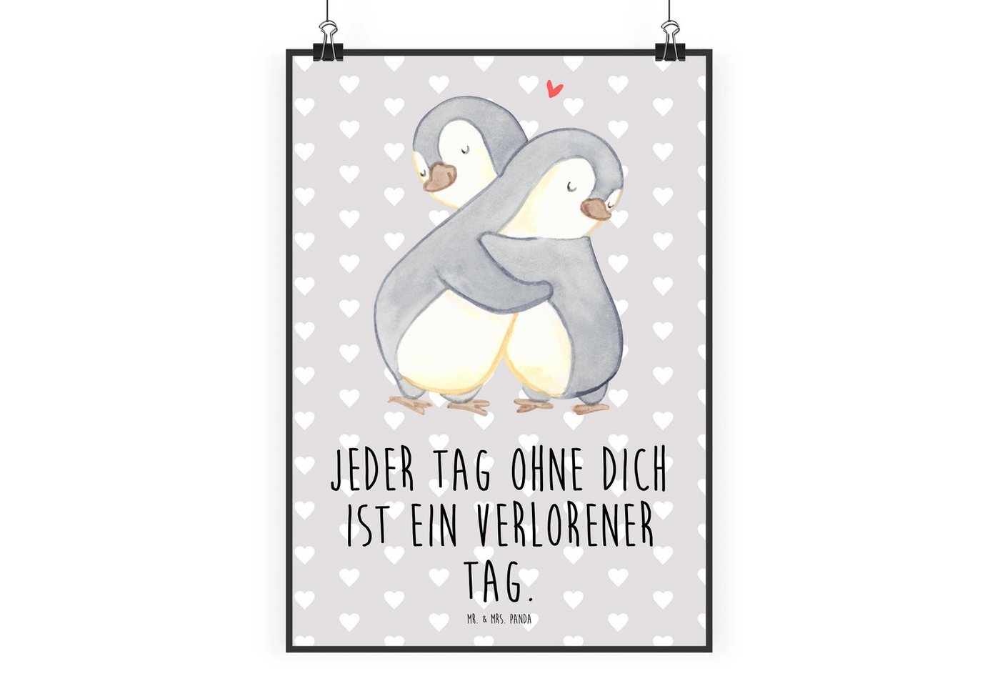 Mr. & Mrs. Panda Poster DIN A0 Pinguine Kuscheln - Grau Pastell - Geschenk, Freund, Liebesges, Pinguine Kuscheln (1 St), Elegant & Gemütlich von Mr. & Mrs. Panda