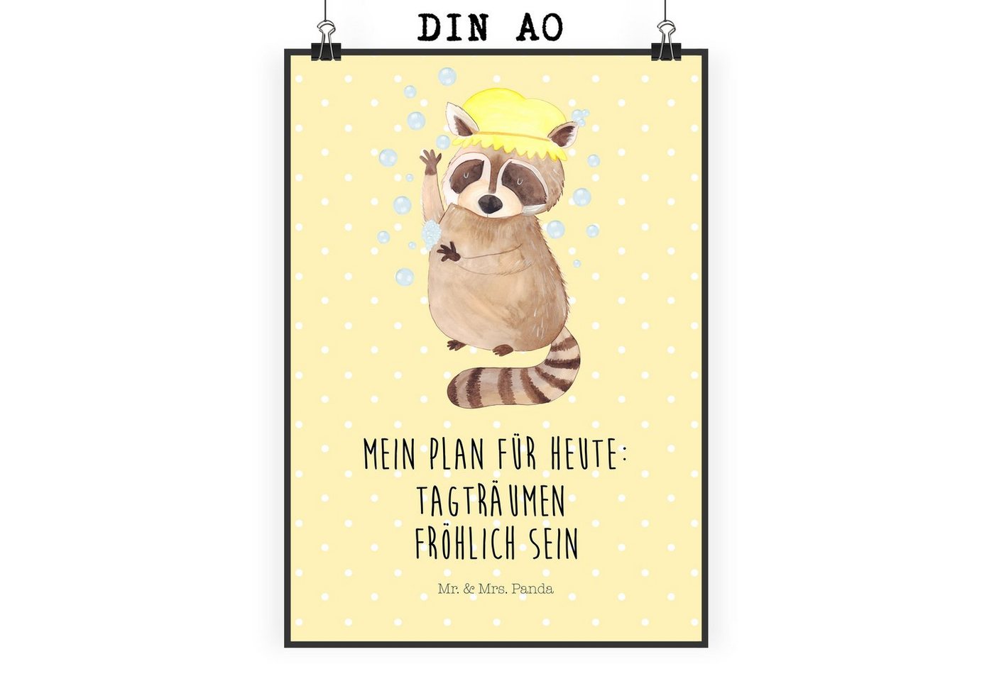 Mr. & Mrs. Panda Poster DIN A0 Waschbär - Gelb Pastell - Geschenk, Kunstdruck, Tiermotive, Gu, Waschbär (1 St), Elegant & Gemütlich von Mr. & Mrs. Panda