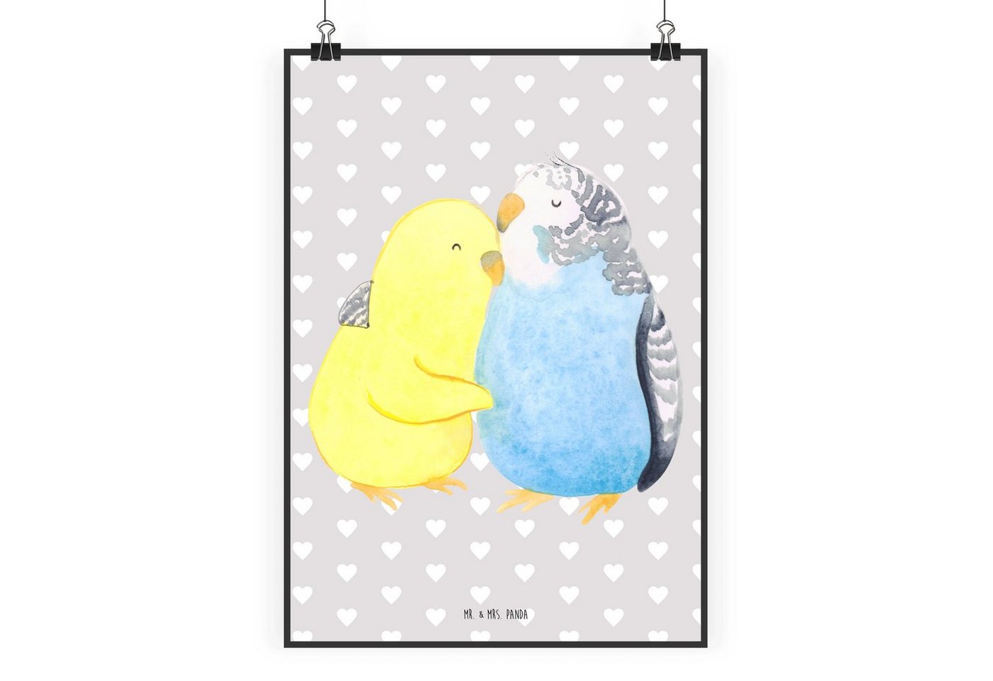 Mr. & Mrs. Panda Poster DIN A0 Wellensittich Liebe - Grau Pastell - Geschenk, Wanddeko, Raumd, Wellensittich Liebe (1 St), Herzliche Sprüche, liebevolles Bild von Mr. & Mrs. Panda