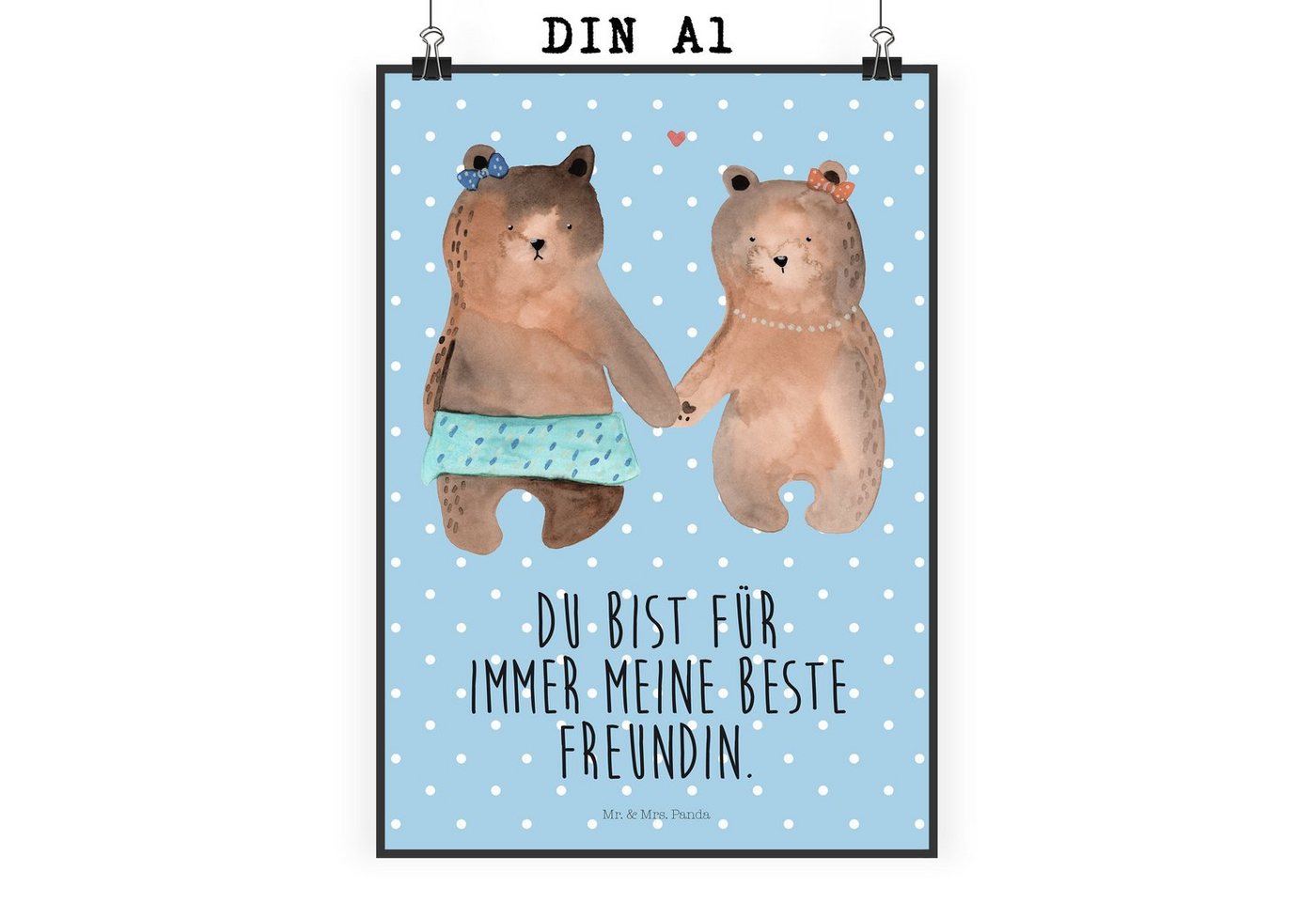 Mr. & Mrs. Panda Poster DIN A1 Bär Freundin - Blau Pastell - Geschenk, Wanddeko, Wandposter, Bär Freundin (1 St), Handgemalte Motive von Mr. & Mrs. Panda