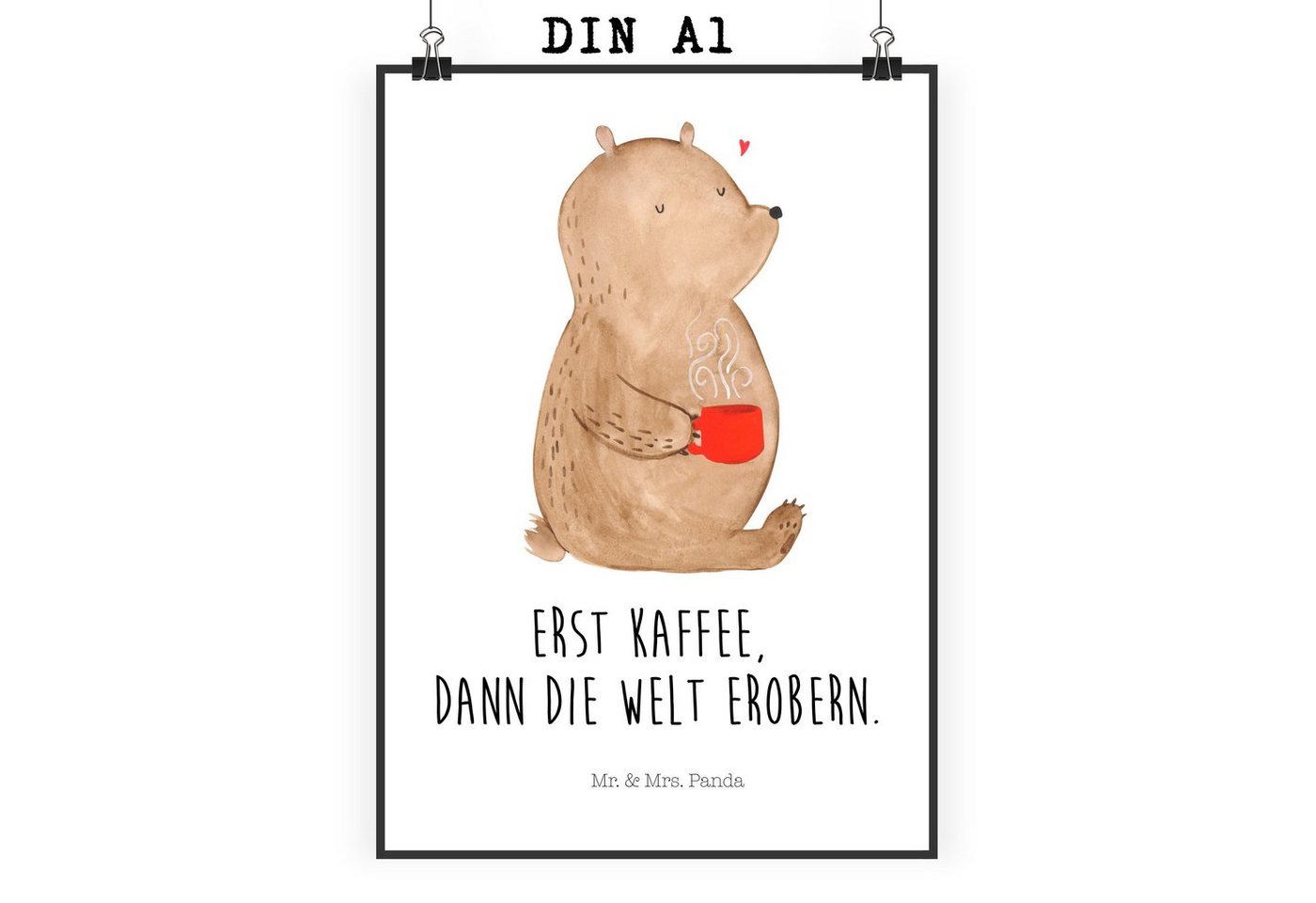 Mr. & Mrs. Panda Poster DIN A1 Bär Kaffee - Weiß - Geschenk, Wanddeko Bild, Coffee, Designpos, Bär Kaffee (1 St), Handgemalte Motive von Mr. & Mrs. Panda