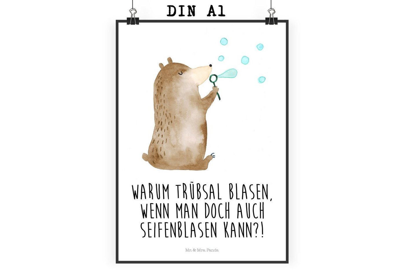 Mr. & Mrs. Panda Poster DIN A1 Bär Seifenblasen - Weiß - Geschenk, Kunstdruck, Kinderposter, Bär Seifenblasen (1 St), Edler Druck von Mr. & Mrs. Panda