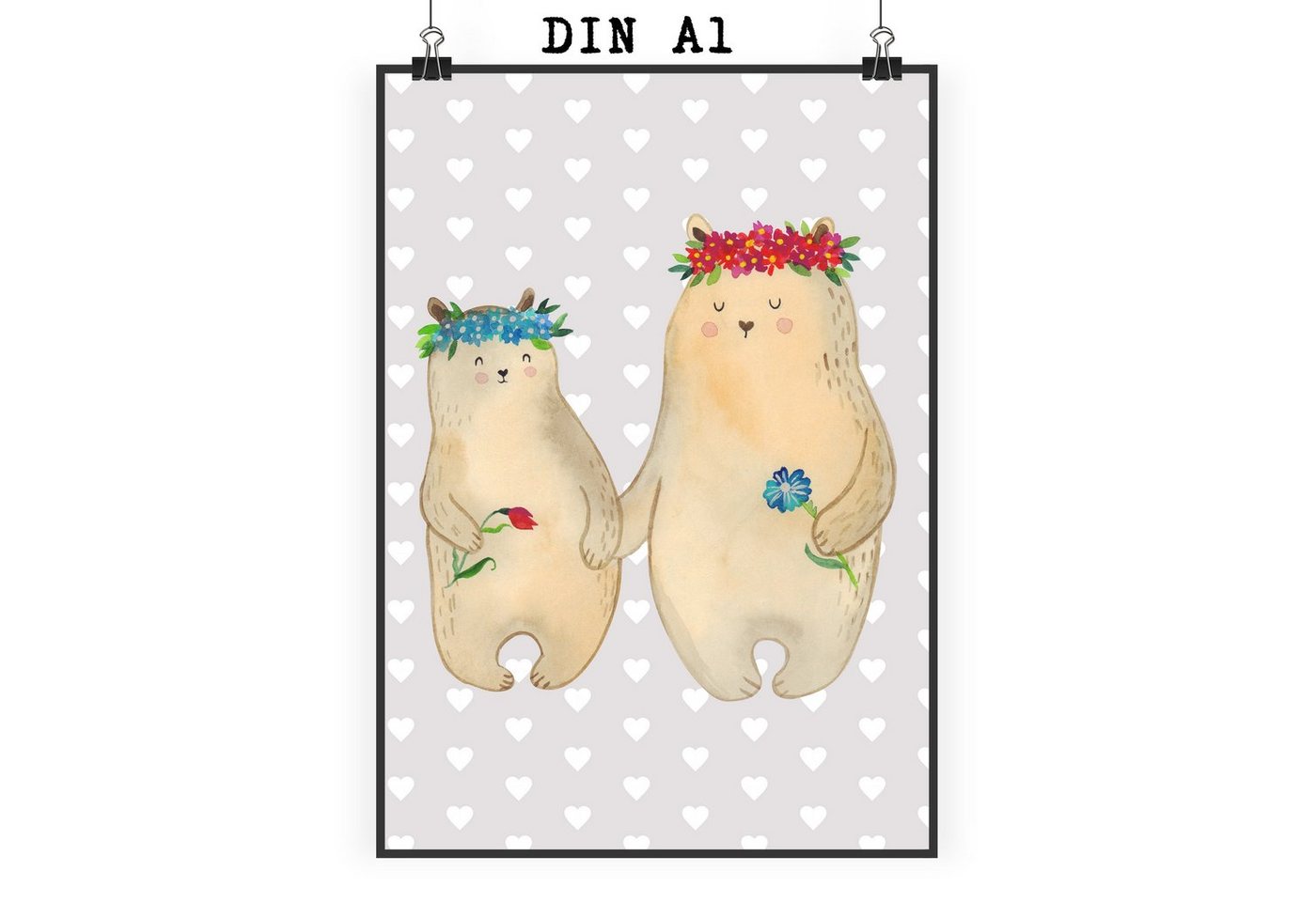 Mr. & Mrs. Panda Poster DIN A1 Bären mit Blumenkranz - Grau Pastell - Geschenk, Kunstdruck, S, Bären mit Blumenkranz (1 St), Handgemalte Motive von Mr. & Mrs. Panda