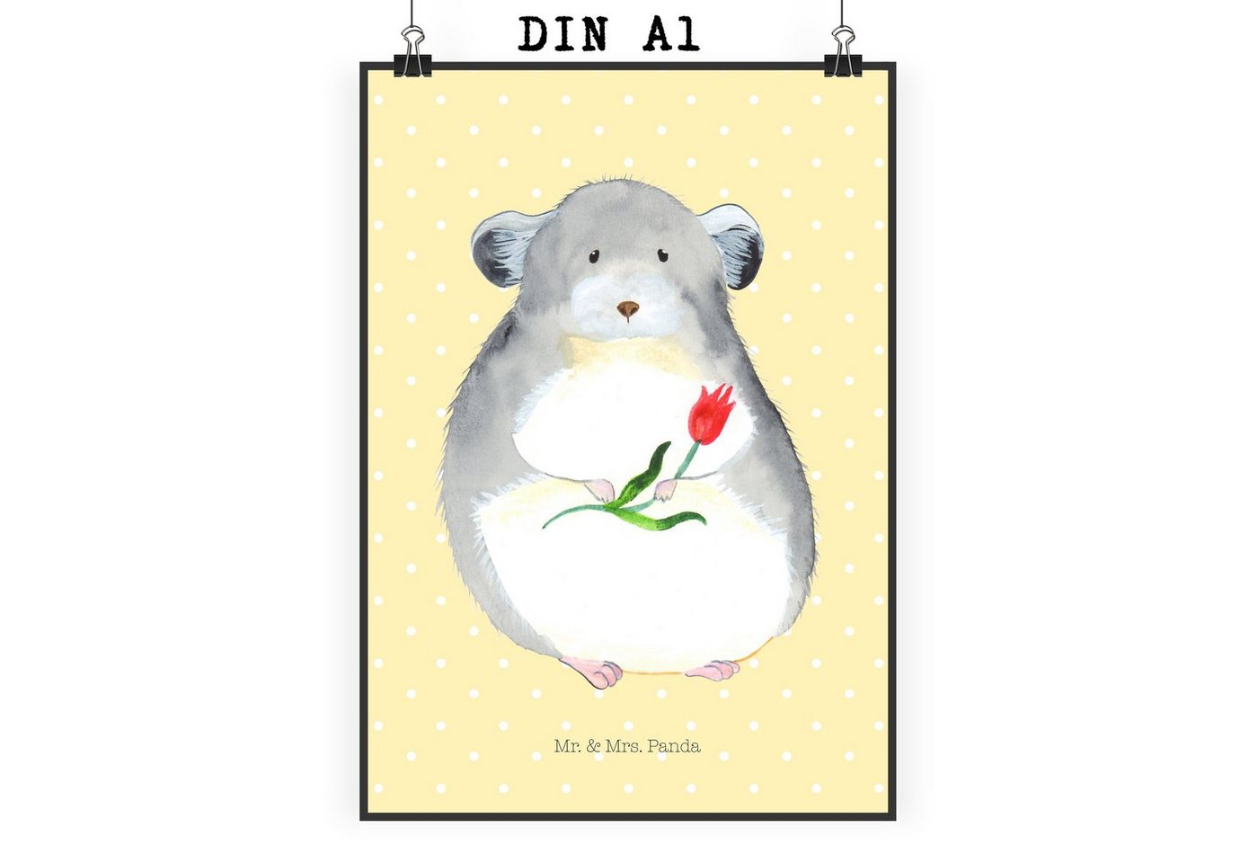 Mr. & Mrs. Panda Poster DIN A1 Chinchilla Blume - Gelb Pastell - Geschenk, Tiere, Chinchillas, Chinchilla mit Blume (1 St), Brillierender Druck von Mr. & Mrs. Panda