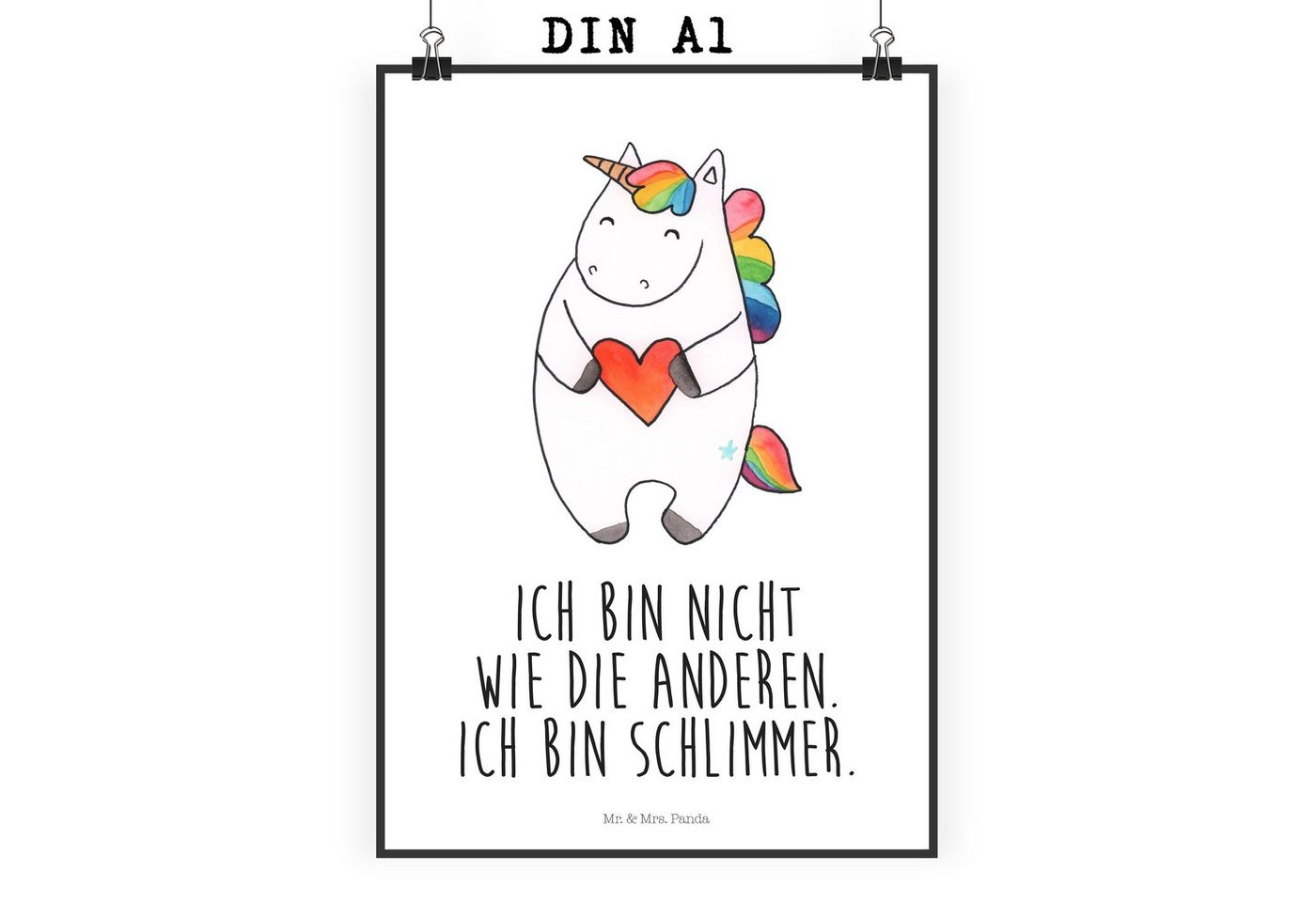 Mr. & Mrs. Panda Poster DIN A1 Einhorn Herz - Weiß - Geschenk, böse, Wanddeko, Posterdruck, U, Einhorn Herz (1 St), Brillanter Druck von Mr. & Mrs. Panda