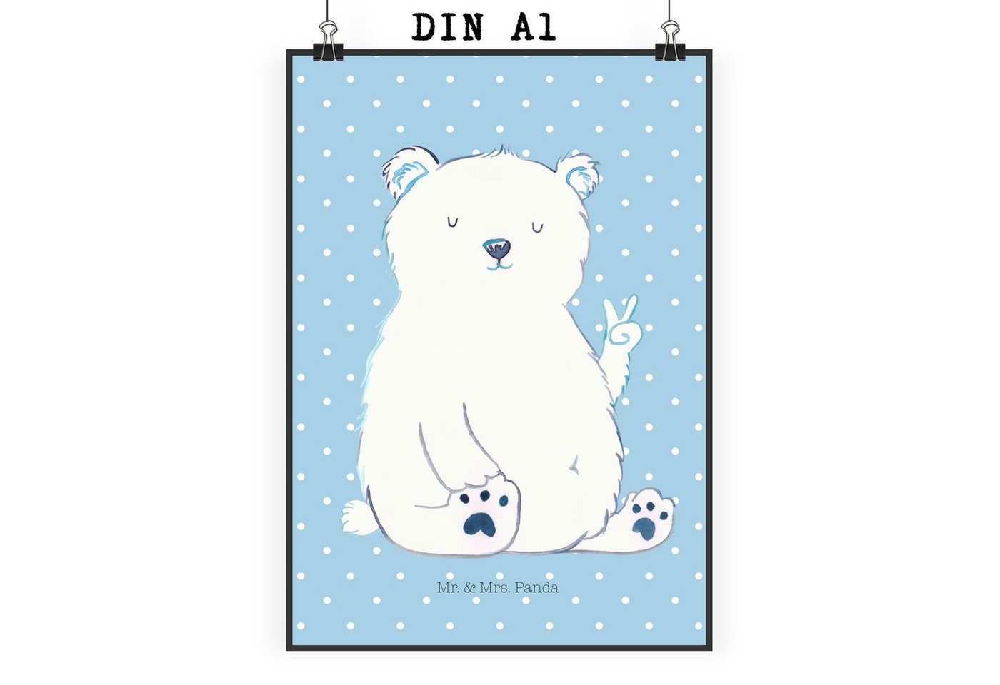 Mr. & Mrs. Panda Poster DIN A1 Eisbär Faul - Blau Pastell - Geschenk, Wanddeko, Bürojob, Tedd, Eisbär Faul (1 St), Handgemalte Motive von Mr. & Mrs. Panda