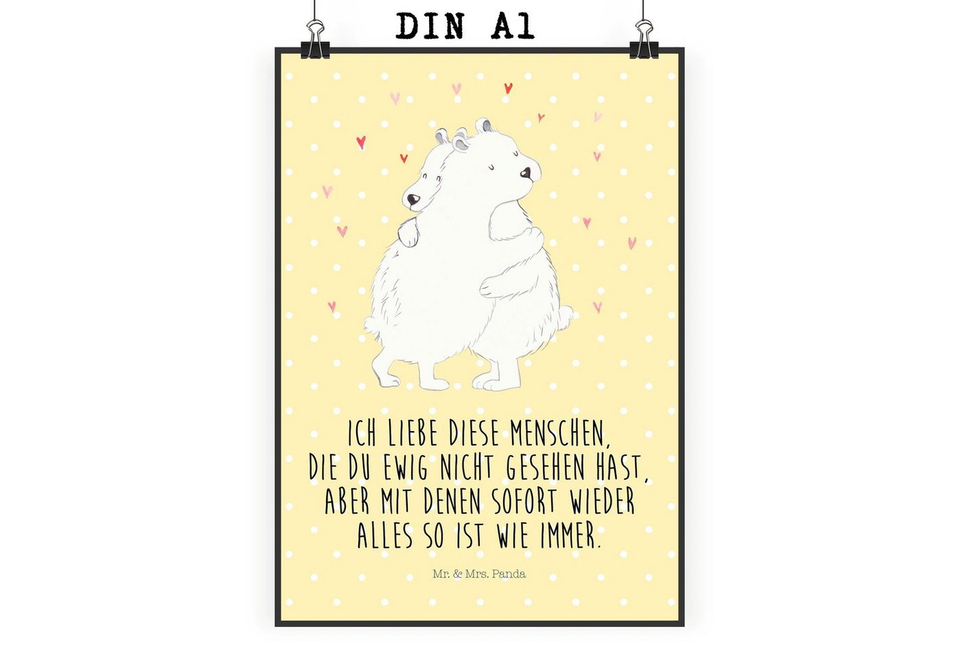 Mr. & Mrs. Panda Poster DIN A1 Eisbär Umarmen - Gelb Pastell - Geschenk, Bild, Wanddeko Bild, Eisbär Umarmen (1 St), Brillierender Druck von Mr. & Mrs. Panda