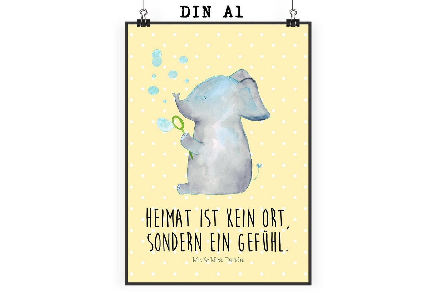 Mr. & Mrs. Panda Poster DIN A1 Elefant Seifenblasen - Gelb Pastell - Geschenk, Wanddeko Bild, Elefant Seifenblasen (1 St), Brillierender Druck von Mr. & Mrs. Panda