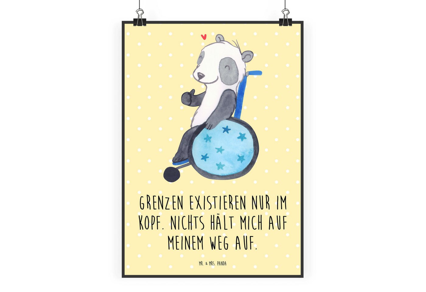 Mr. & Mrs. Panda Poster DIN A1 Panda Rollstuhl - Gelb Pastell - Geschenk, Designposter, Poste, Panda Rollstuhl (1 St), Edler Druck von Mr. & Mrs. Panda