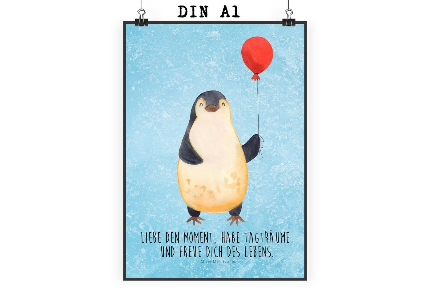 Mr. & Mrs. Panda Poster DIN A1 Pinguin Luftballon - Eisblau - Geschenk, Kunstdruck, Geschenki, Pinguin Luftballon (1 St) von Mr. & Mrs. Panda