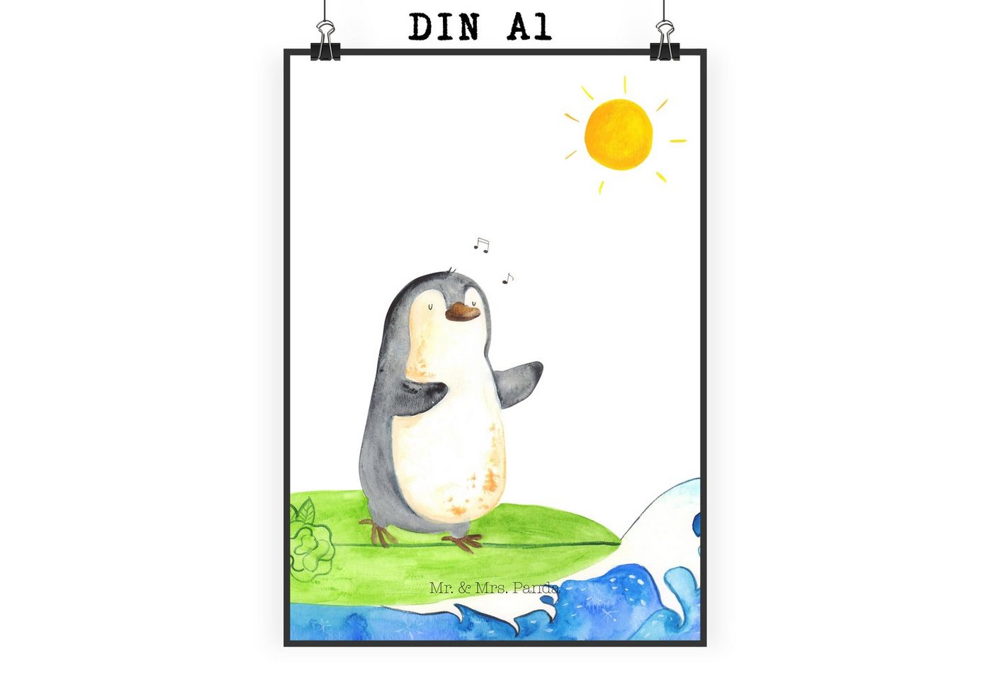 Mr. & Mrs. Panda Poster DIN A1 Pinguin Surfer - Weiß - Geschenk, Wanddekoration, Raumdekorati, Pinguin Surfer (1 St), Brillanter Druck von Mr. & Mrs. Panda