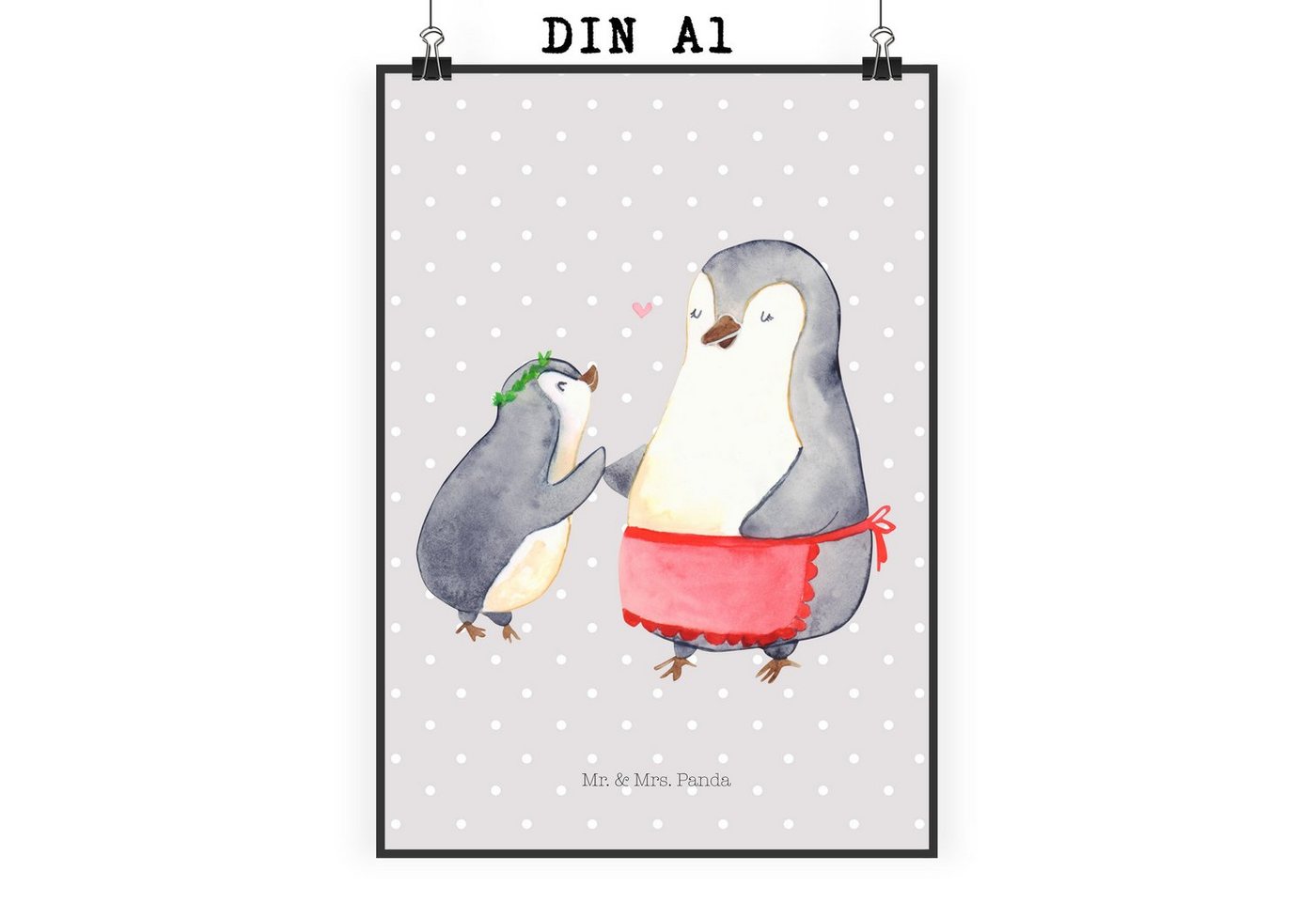 Mr. & Mrs. Panda Poster DIN A1 Pinguin mit Kind - Grau Pastell - Geschenk, Wanddeko Bild, Bru, Pinguin mit Kind (1 St), Handgemalte Motive von Mr. & Mrs. Panda