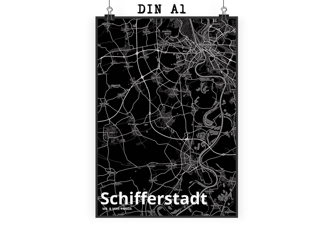 Mr. & Mrs. Panda Poster DIN A1 Schifferstadt - Geschenk, Dorf, Kunstdruck, Kinderposter, Ort, Stadt Black (1 St), Brillanter Druck von Mr. & Mrs. Panda