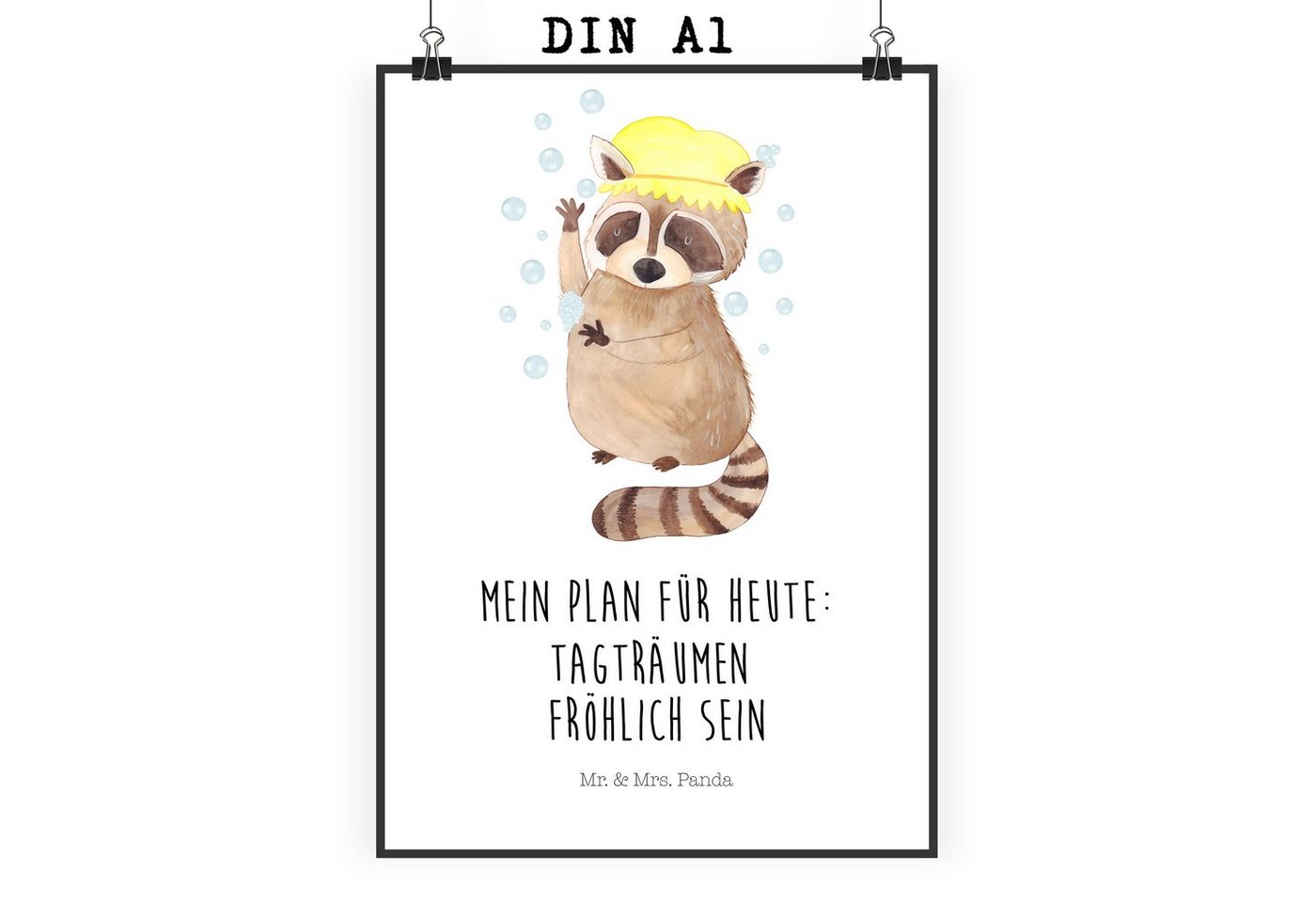 Mr. & Mrs. Panda Poster DIN A1 Waschbär - Weiß - Geschenk, Tagträumen, Poster, Kunstdruck, Ti, Waschbär (1 St), Handgemalte Motive von Mr. & Mrs. Panda