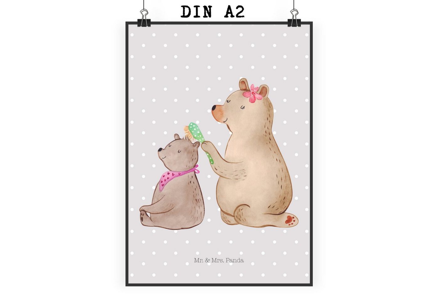 Mr. & Mrs. Panda Poster DIN A2 Bär Kind - Grau Pastell - Geschenk, Schwester, Vorbild, Oma, B, Bär mit Kind (1 St), Lebendige Farben von Mr. & Mrs. Panda