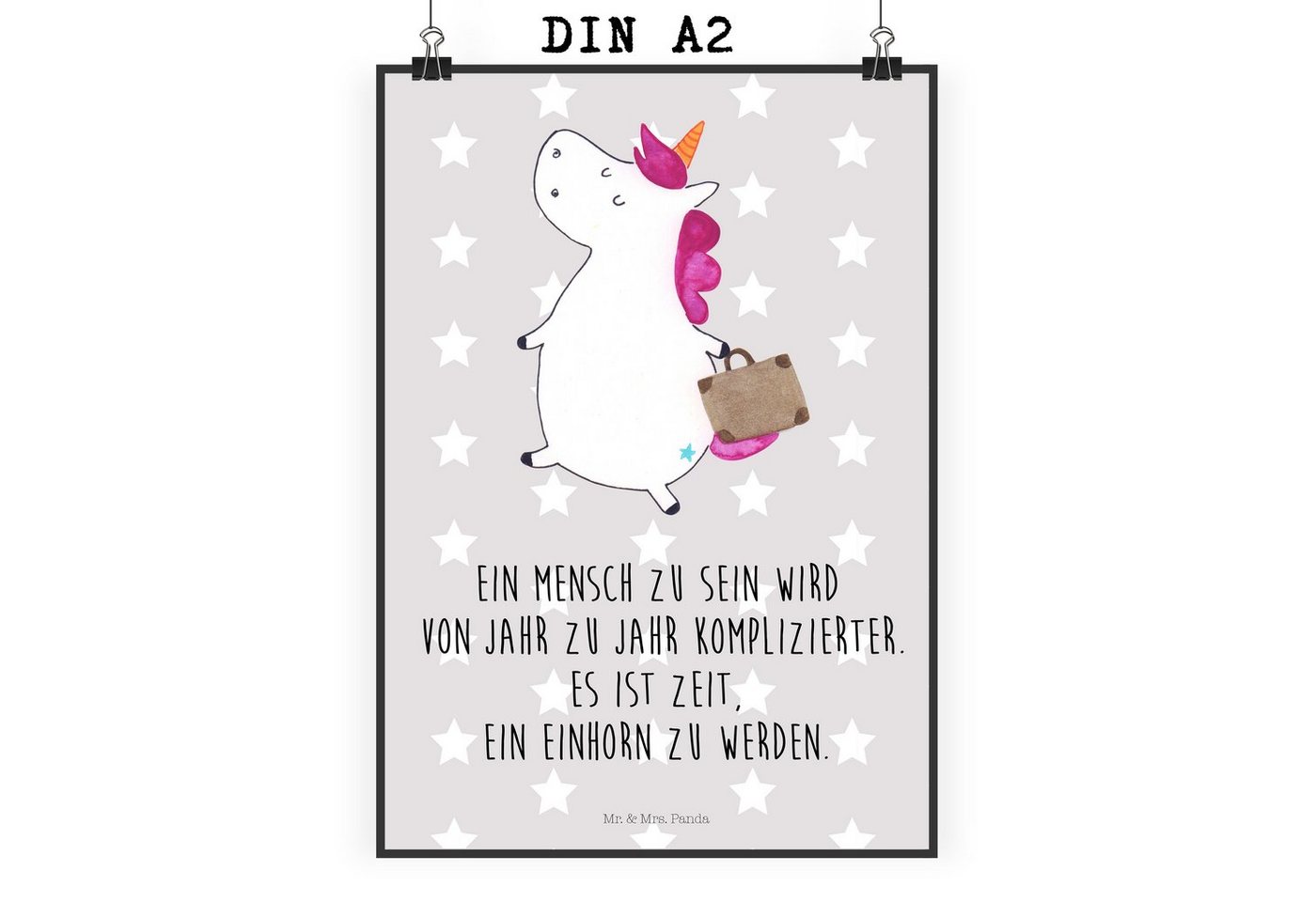 Mr. & Mrs. Panda Poster DIN A2 Einhorn Koffer - Grau Pastell - Geschenk, Kunstdruck, Einhörne, Einhorn Koffer (1 St) von Mr. & Mrs. Panda