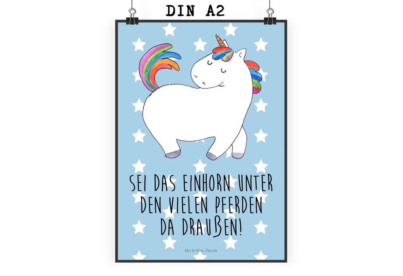 Mr. & Mrs. Panda Poster Einhorn Stolzieren DIN A2 - Blau Pastell - Geschenk, Reiten, Poster, Einhorn stolzierend (Packung, 1 St), Lebendige Farben von Mr. & Mrs. Panda