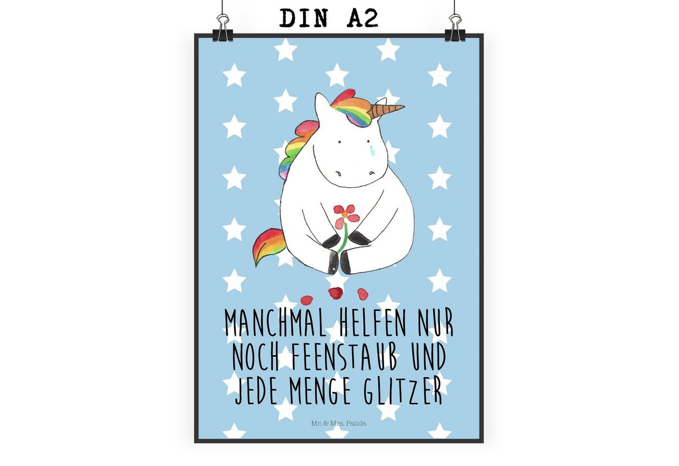 Mr. & Mrs. Panda Poster DIN A2 Einhorn Traurig - Blau Pastell - Geschenk, Liebe, Trauer, Unic, Einhorn Traurig (1 St) von Mr. & Mrs. Panda