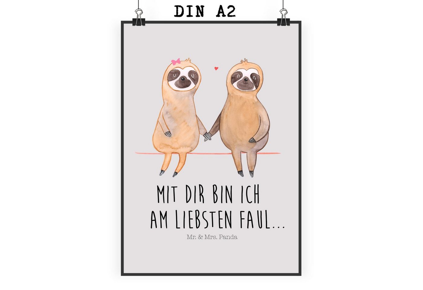 Mr. & Mrs. Panda Poster DIN A2 Faultier Pärchen - Grau Pastell - Geschenk, Kunstdruck, gemein, Faultier Pärchen (1 St) von Mr. & Mrs. Panda