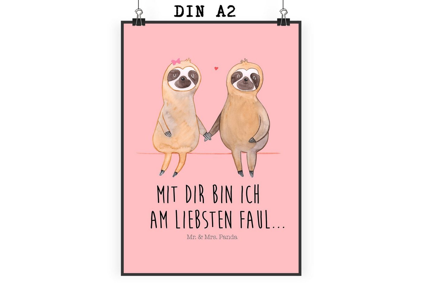 Mr. & Mrs. Panda Poster DIN A2 Faultier Pärchen - Rot Pastell - Geschenk, verlobt, Faultierli, Faultier Pärchen (1 St), Lebendige Farben von Mr. & Mrs. Panda