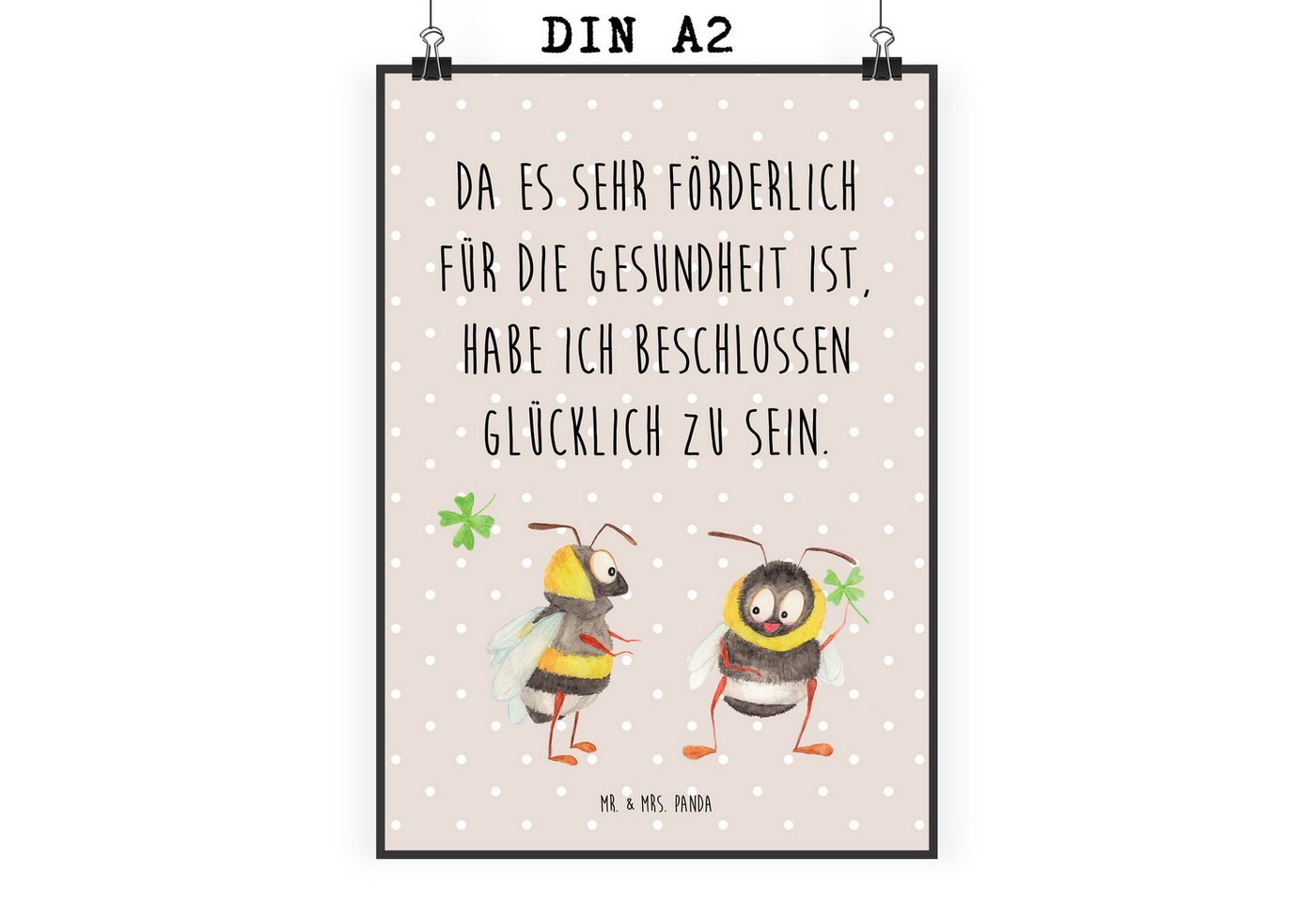Mr. & Mrs. Panda Poster DIN A2 Hummeln Kleeblatt - Beige Pastell - Geschenk, Spruch positiv, Hummeln mit Kleeblatt (1 St), Handgemalte Kunst von Mr. & Mrs. Panda