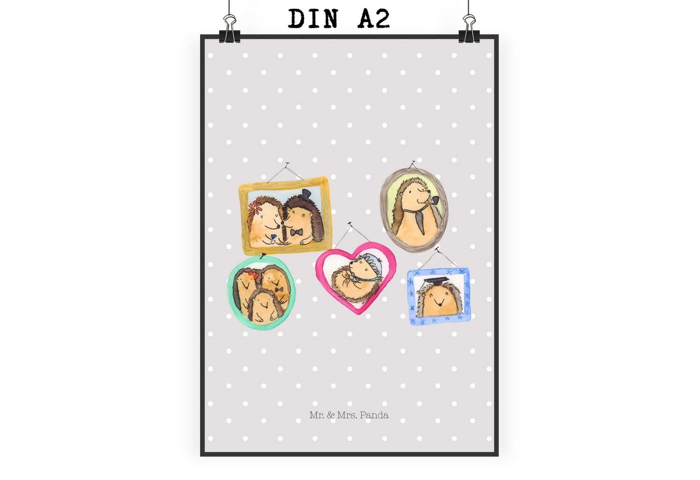 Mr. & Mrs. Panda Poster DIN A2 Igel Familie - Grau Pastell - Geschenk, Posterdruck, Bilder, B, Igel Familie (1 St), Farbenfroh & Detailreich von Mr. & Mrs. Panda