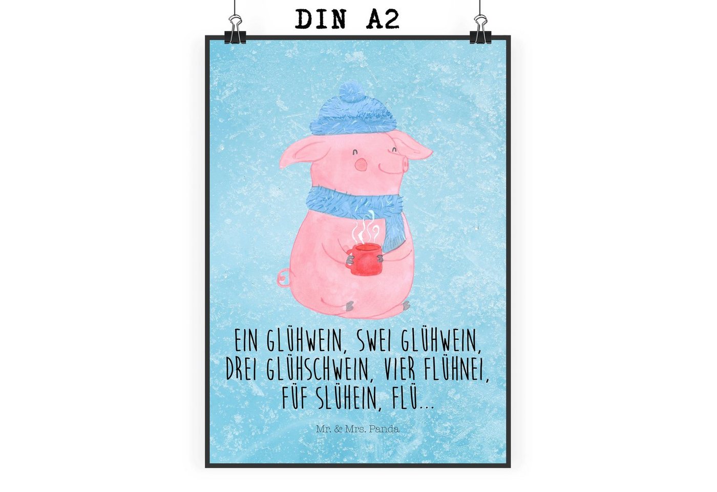 Mr. & Mrs. Panda Poster DIN A2 Schweinchen Glühwein - Eisblau - Geschenk, Nikolaus, Wintermot, Lallelndes Glühschwein (1 St), Farbenfroh & Detailreich von Mr. & Mrs. Panda