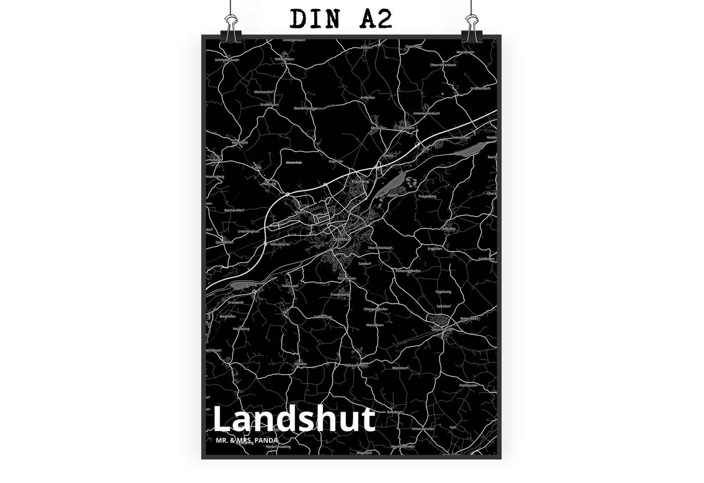 Mr. & Mrs. Panda Poster DIN A2 Landshut - Geschenk, Kunstdruck, Dorf, Küchenposter, Stadt Dor, Stadt Black (1 St), Handgemalte Kunst von Mr. & Mrs. Panda