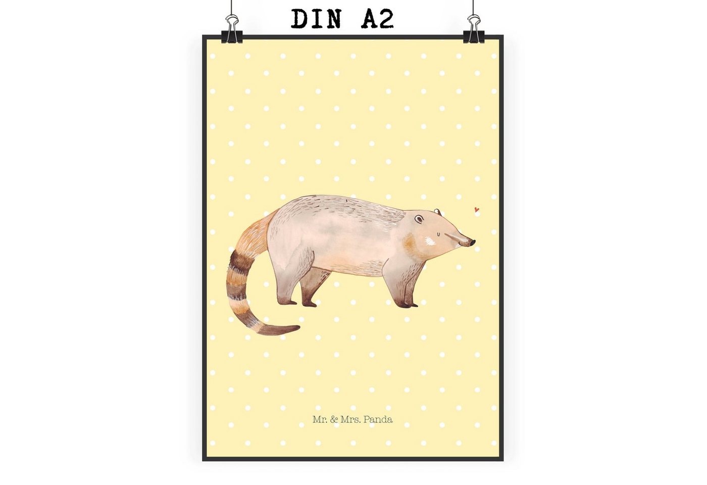 Mr. & Mrs. Panda Poster DIN A2 Nasenbär - Gelb Pastell - Geschenk, Wanddeko, Nasenbären, Tier, Nasenbär (1 St), Ausdrucksstark von Mr. & Mrs. Panda