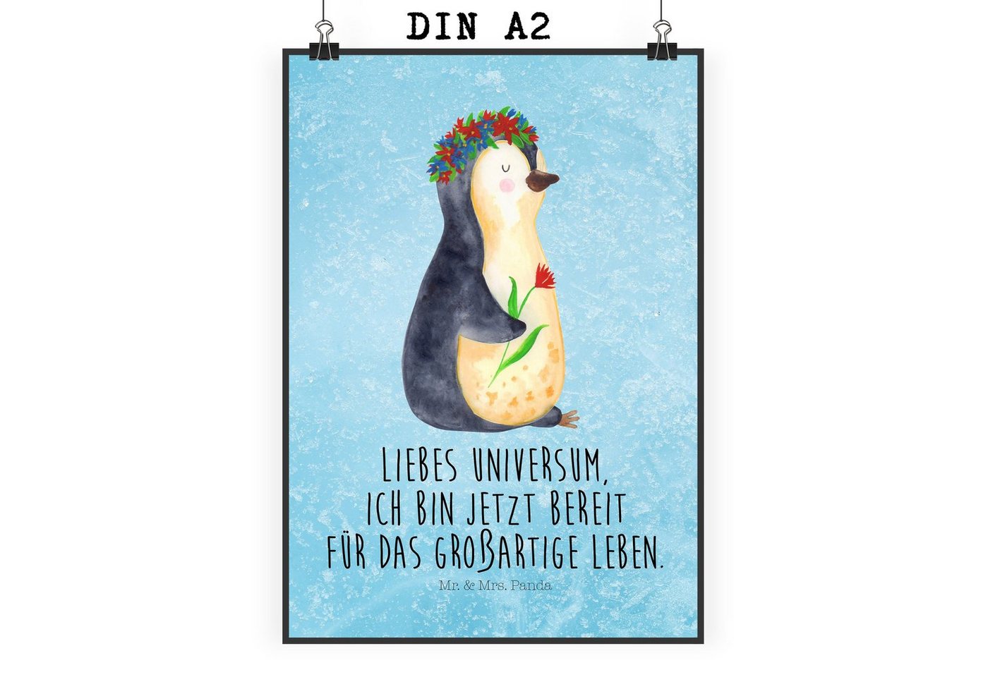 Mr. & Mrs. Panda Poster DIN A2 Pinguin Blumen - Eisblau - Geschenk, Blumenkranz, Kinderposter, Pinguin Blumenkranz (1 St), Ausdrucksstark von Mr. & Mrs. Panda