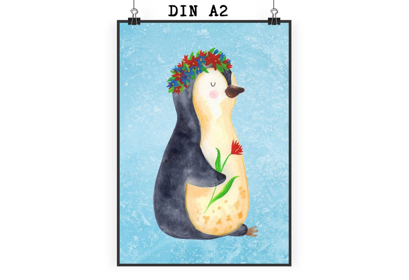 Mr. & Mrs. Panda Poster DIN A2 Pinguin Blumen - Eisblau - Geschenk, Wanddeko, Wandposter, Wan, Pinguin Blumenkranz (1 St), Handgemalte Kunst von Mr. & Mrs. Panda