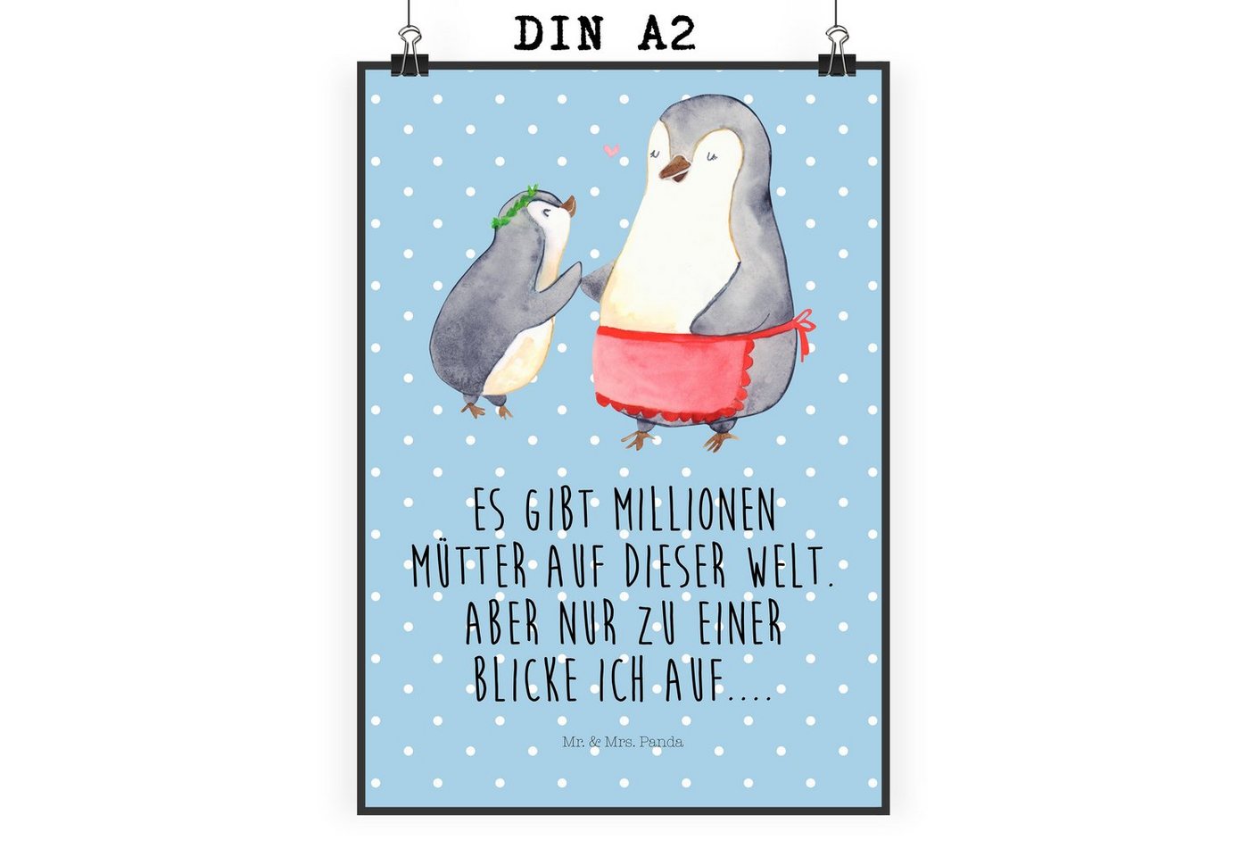 Mr. & Mrs. Panda Poster DIN A2 Pinguin mit Kind - Blau Pastell - Geschenk, Posterdruck, Kunst, Pinguin mit Kind (1 St), Lebendige Farben von Mr. & Mrs. Panda