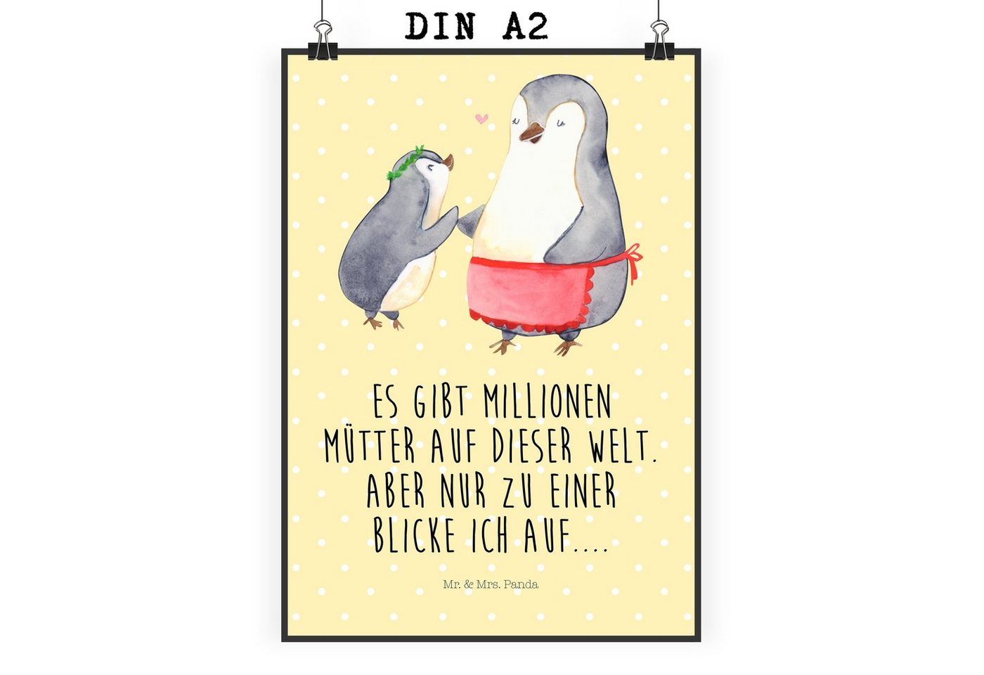 Mr. & Mrs. Panda Poster DIN A2 Pinguin mit Kind - Gelb Pastell - Geschenk, Mama, Wanddeko Bil, Pinguin mit Kind (1 St), Einzigartige Motive von Mr. & Mrs. Panda