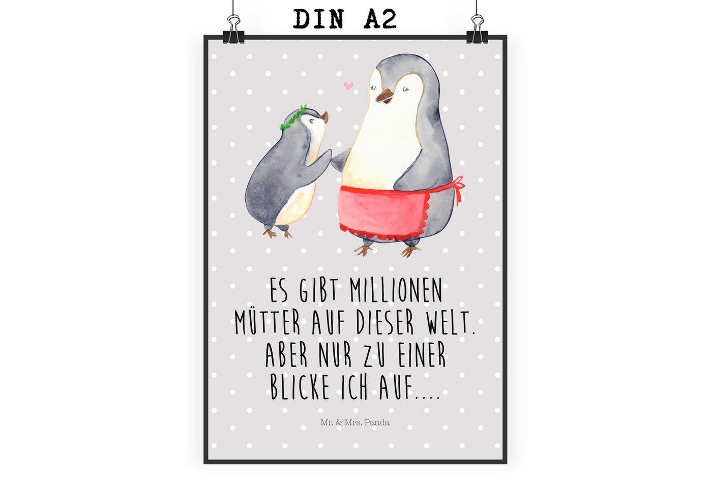 Mr. & Mrs. Panda Poster DIN A2 Pinguin mit Kind - Grau Pastell - Geschenk, Familie, Bruder, P, Pinguin mit Kind (1 St), Handgemalte Kunst von Mr. & Mrs. Panda
