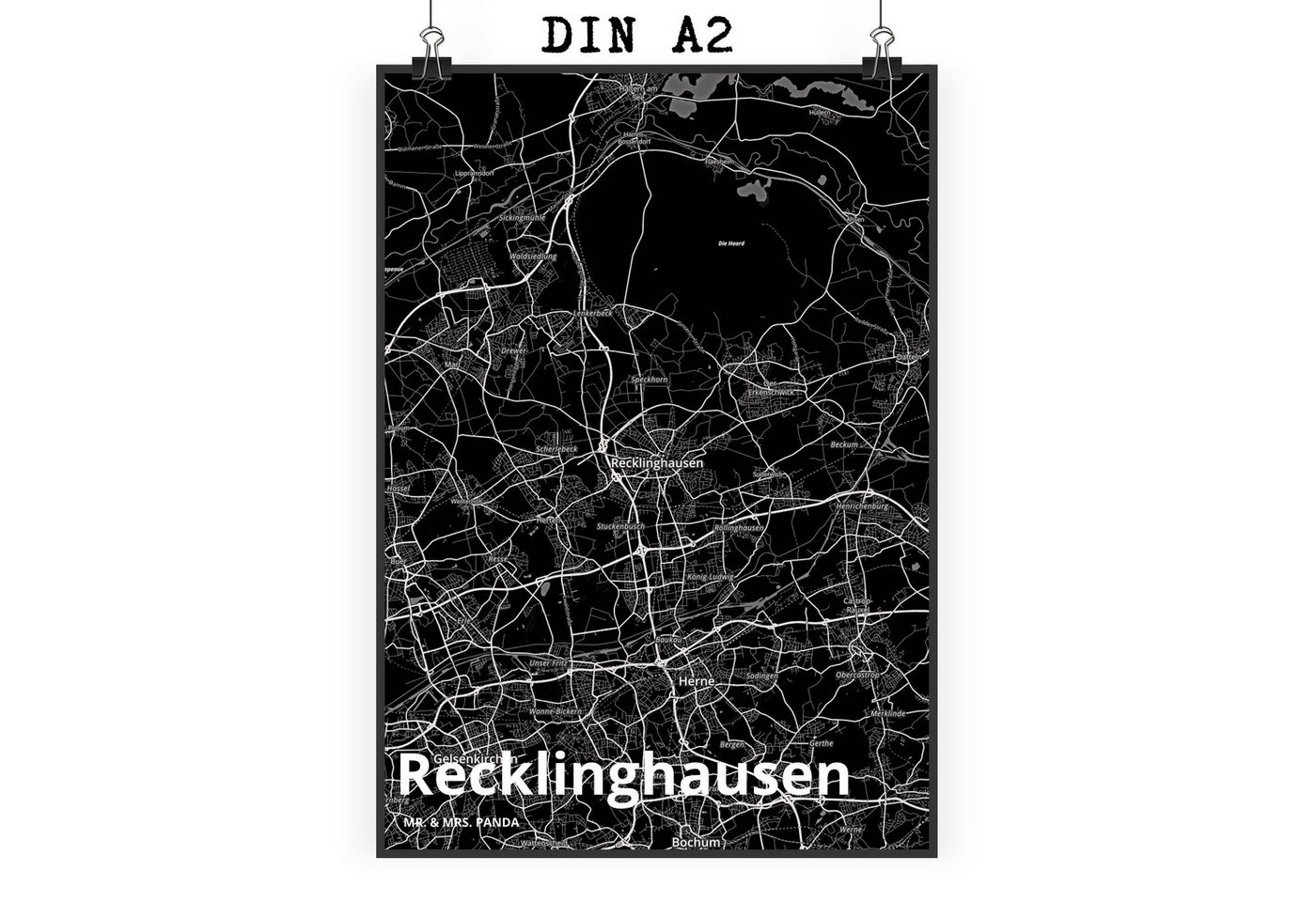 Mr. & Mrs. Panda Poster DIN A2 Recklinghausen - Geschenk, Designposter, Kunstdruck, Ort, Stad, Stadt Black (1 St), Ausdrucksstark von Mr. & Mrs. Panda