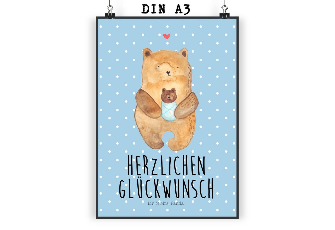 Mr. & Mrs. Panda Poster DIN A3 Bär Baby - Blau Pastell - Geschenk, Neffe, Teddybär, Küchenpos, Bär mit Baby (1 St), Herzerwärmendes Motiv von Mr. & Mrs. Panda