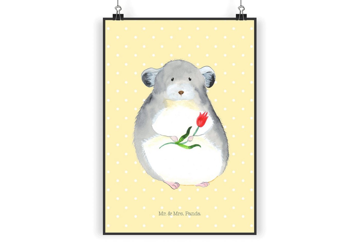 Mr. & Mrs. Panda Poster DIN A3 Chinchilla Blume - Gelb Pastell - Geschenk, Wanddekoration, De, Chinchilla mit Blume (1 St), Herzerwärmendes Motiv von Mr. & Mrs. Panda