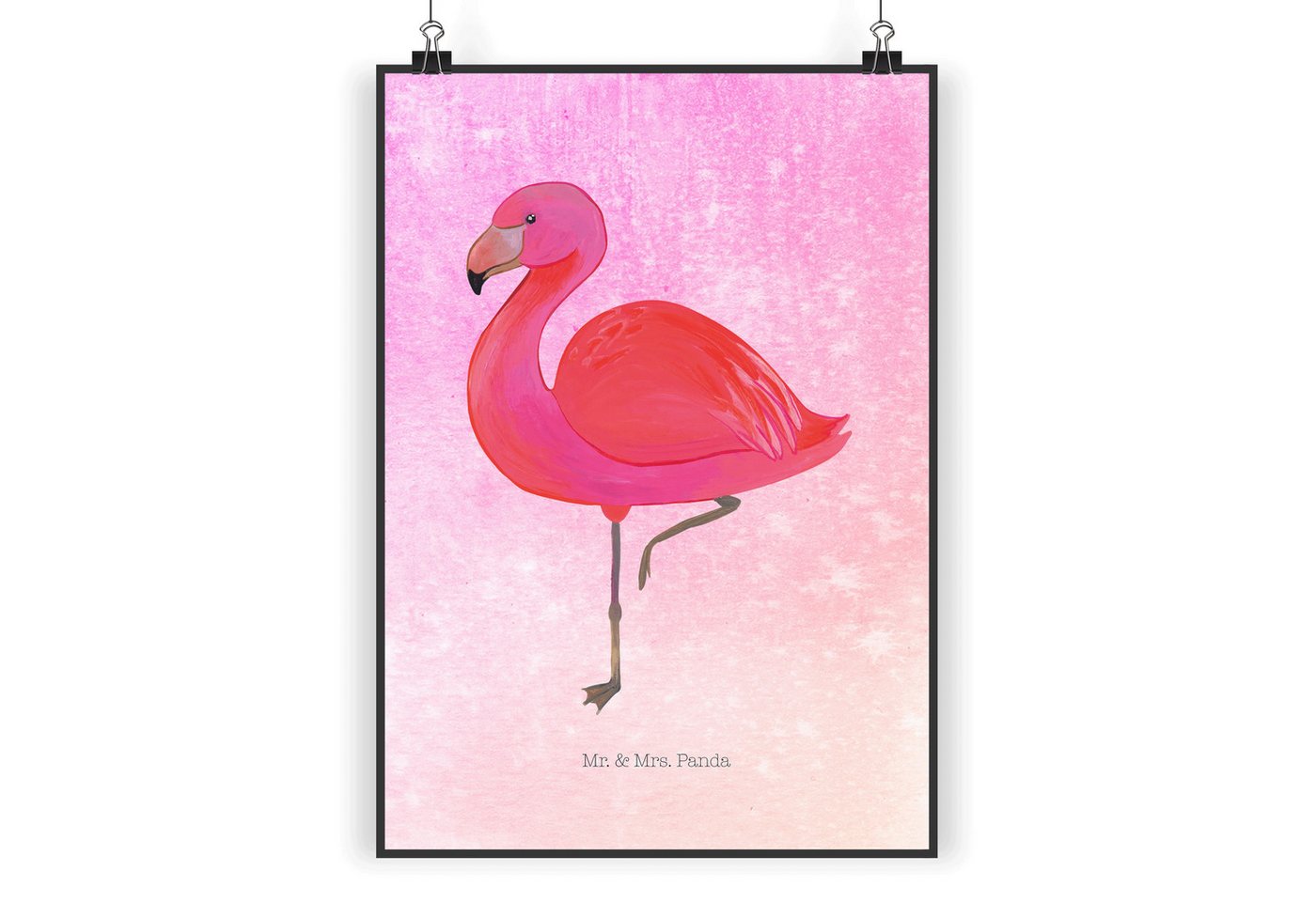 Mr. & Mrs. Panda Poster DIN A3 Flamingo Classic - Aquarell Pink - Geschenk, Wanddeko, stolz, Flamingo classic (1 St), Lebensfrohes Design von Mr. & Mrs. Panda